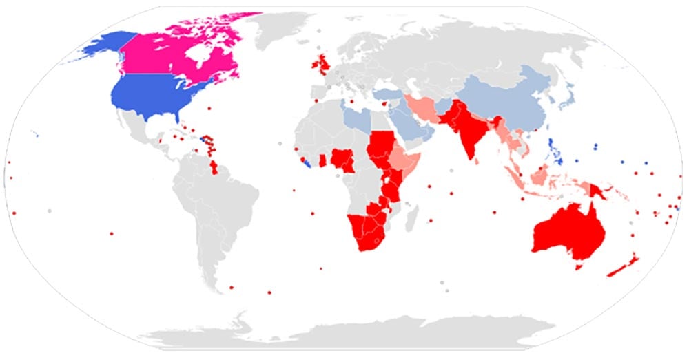 map showing british english and american english