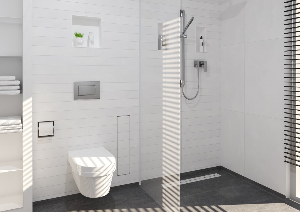 Functional and elegant wall storage solutions for bathroom accessories, creating a clean and minimalist look.