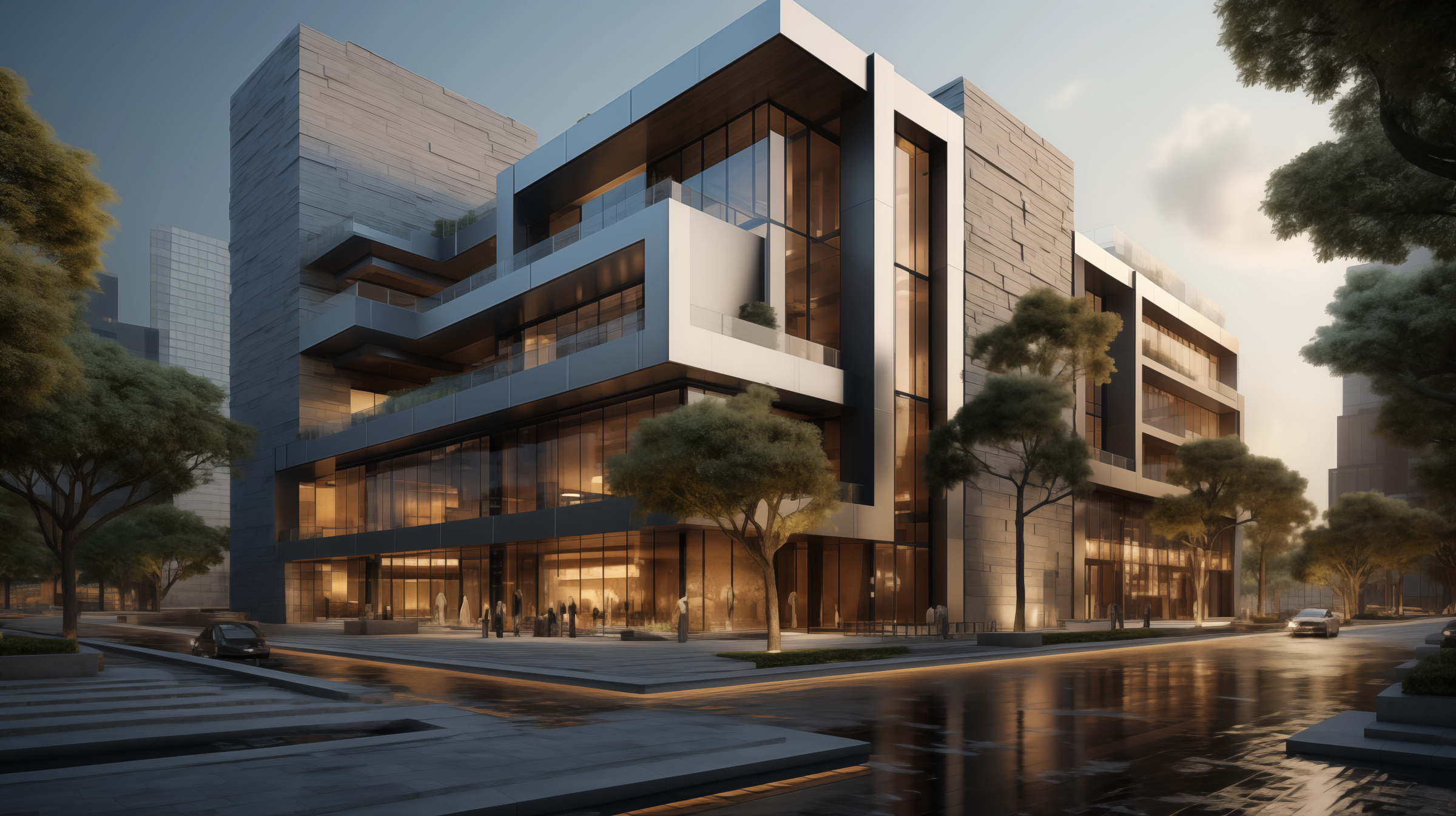 Modern office building facade featuring a variety of textured stone finishes, including bush-hammered, flamed, and naturally split surfaces. The building is set in a contemporary urban environment with trees and a sleek, glass exterior.