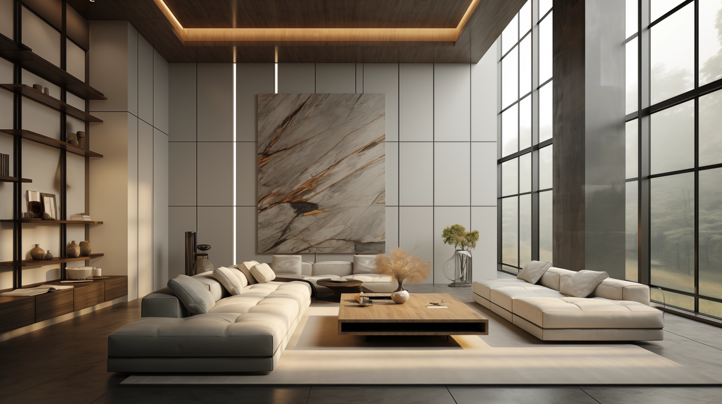 Spacious, minimalist luxury home interior with large-format stone panels on the living room walls. The room features a clean, modern aesthetic with sleek furniture, natural light from large windows, and seamless visual continuity.