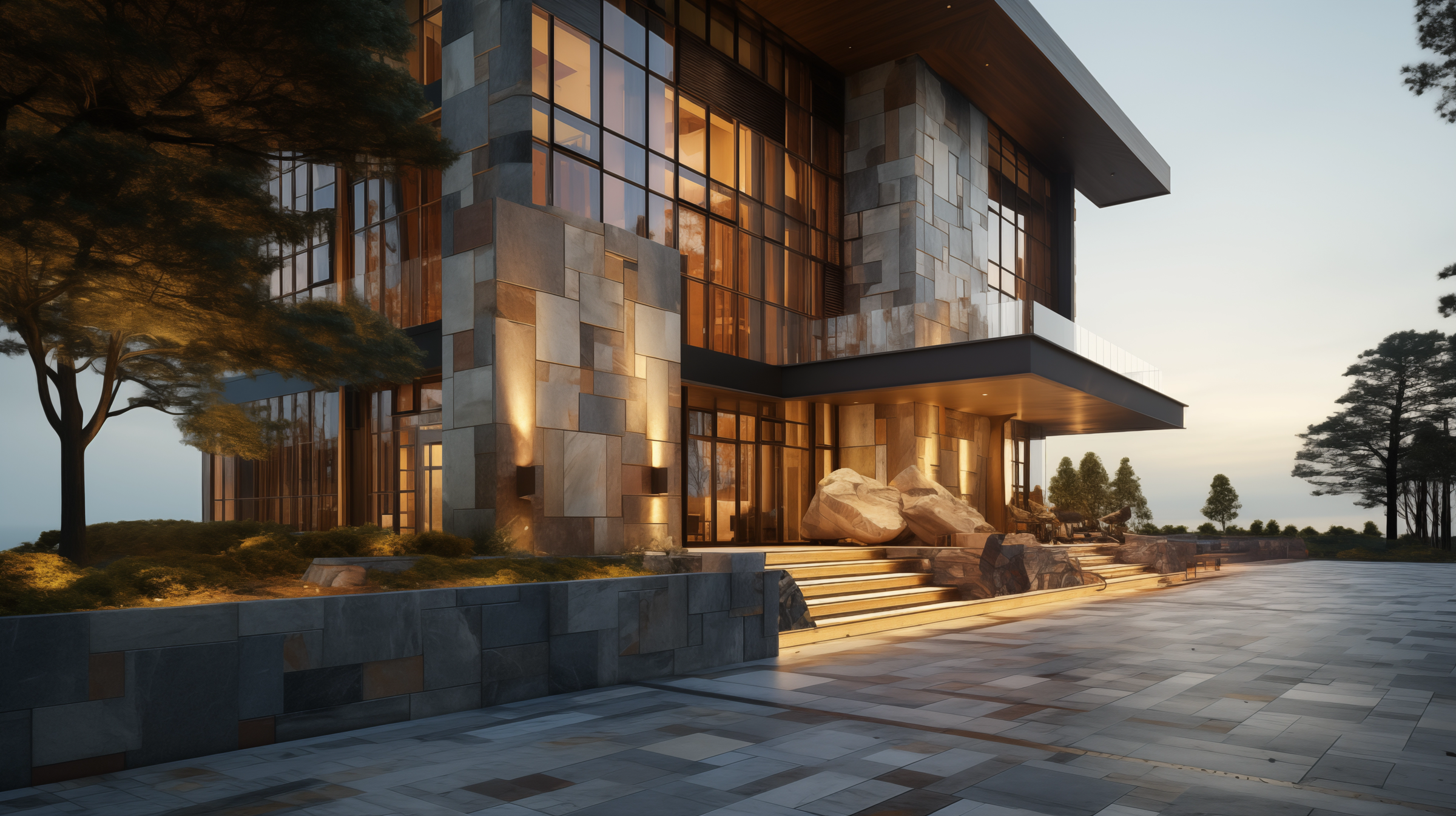 Artistic architectural design with an exterior stone wall featuring a palette of color variations. The building harmoniously blends different shades of stone, enhancing its aesthetic appeal. The setting includes trees and modern lighting.