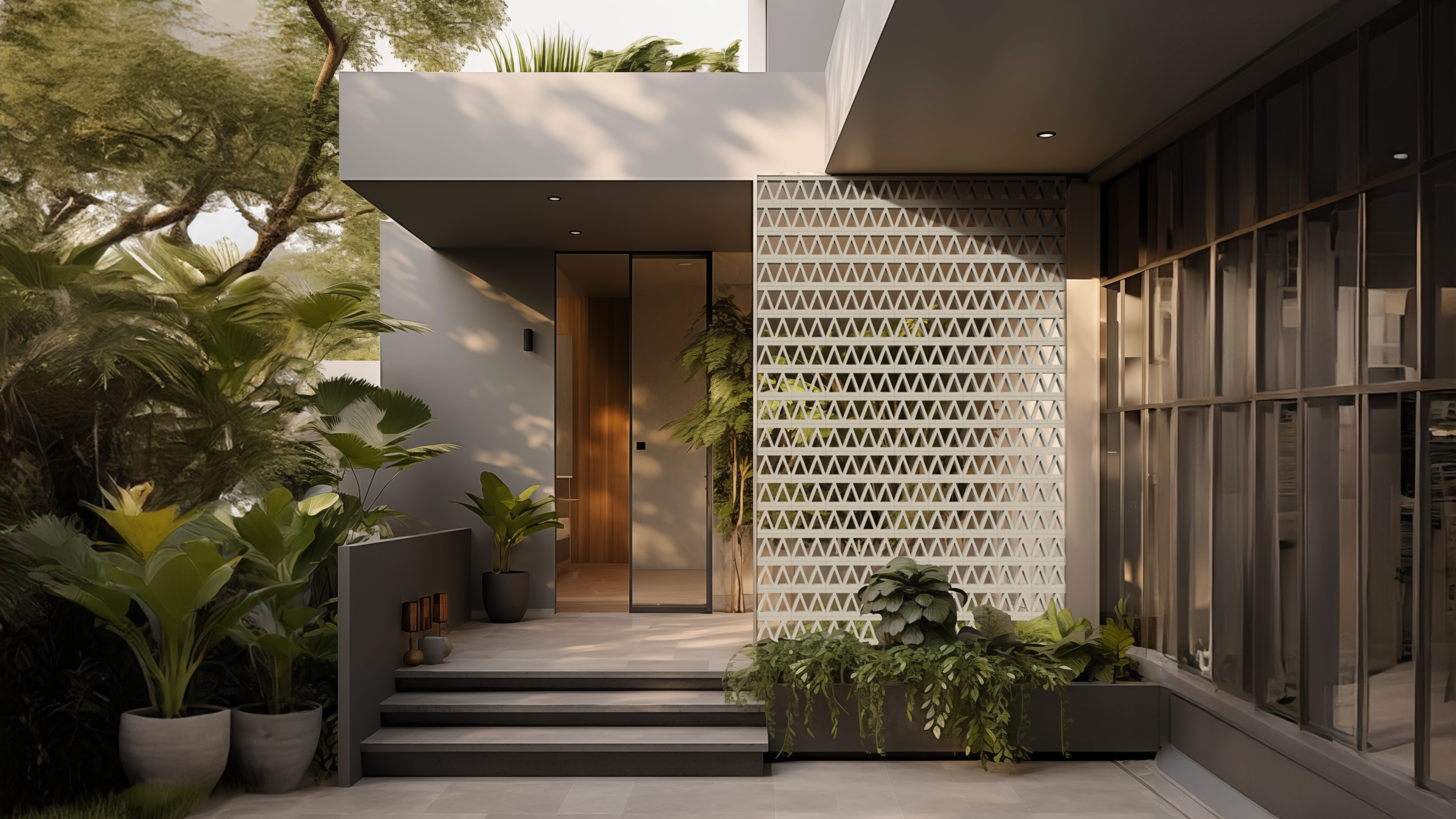 Facade of a modern home in Singapore featuring Jonite's decorative stone breeze blocks. The design includes geometric patterns, lush greenery, and a minimalist aesthetic, enhancing air circulation and natural light diffusion.