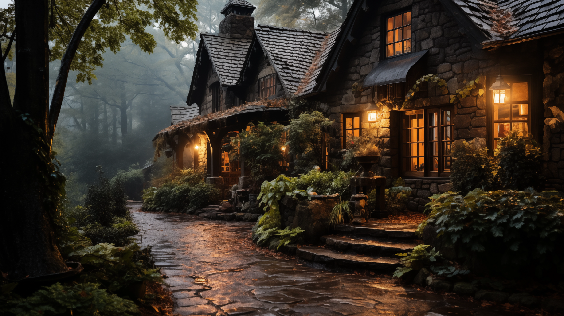 Rustic stone cottage with overly textured stone walls in a lush, wooded setting. The cottage features large, uneven stones, traditional architecture, and warm lighting, highlighting a heavy rustic style.