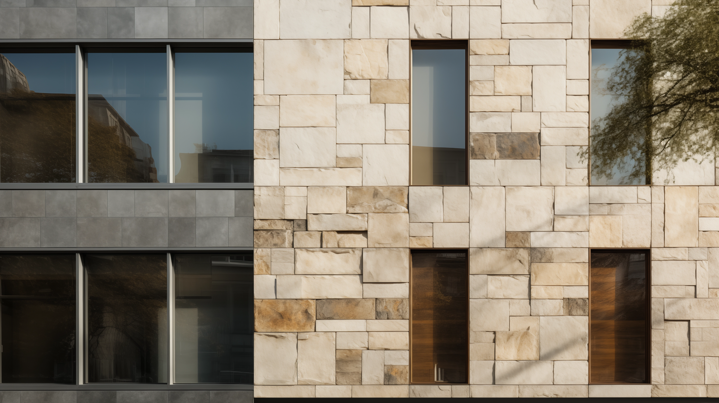 Side-by-side comparison of a building facade. The left side features thin stone veneers with a smooth, uniform appearance, while the right side showcases a robust, thick stone facade with varied textures and shades.