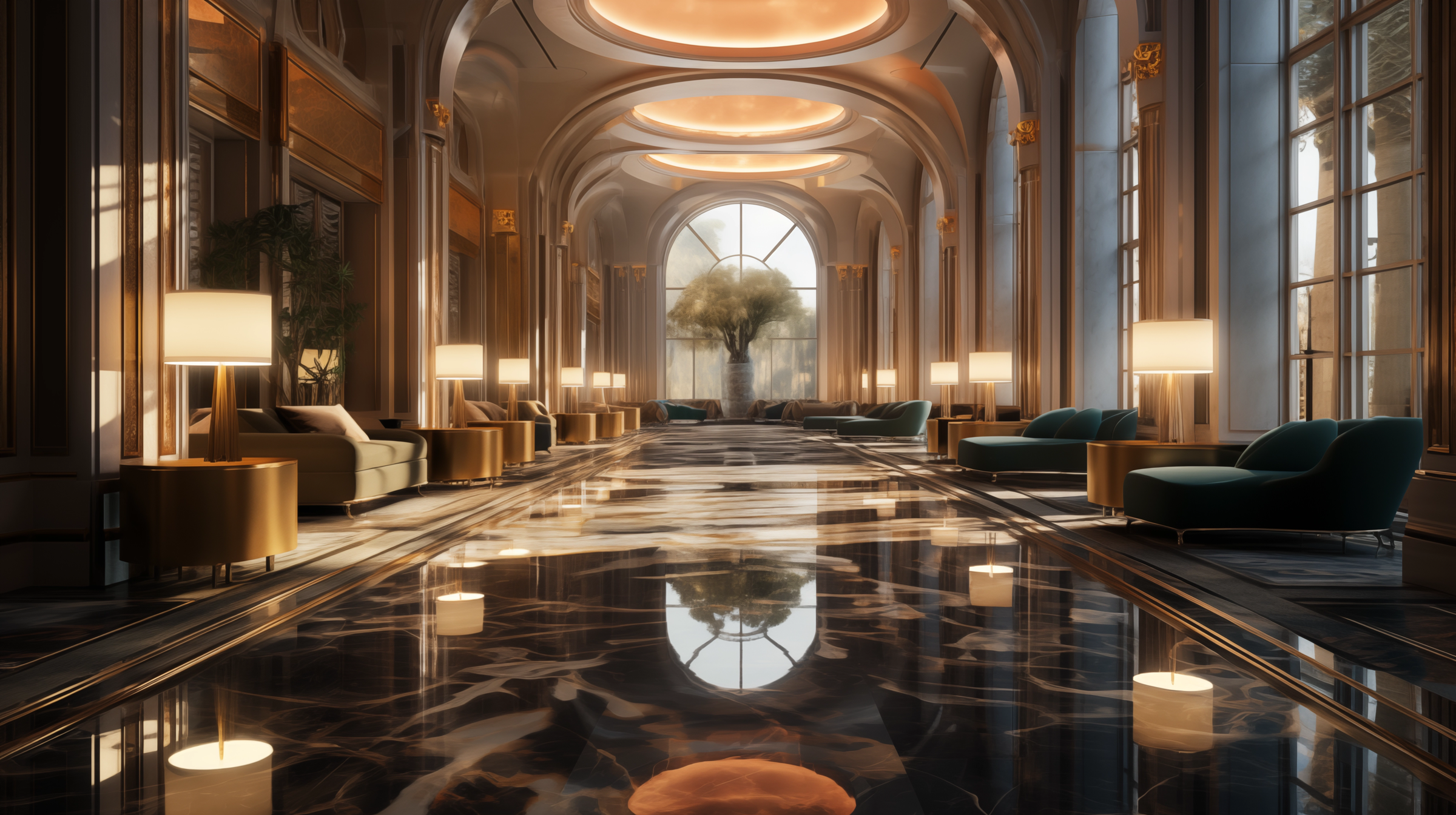 Luxury hotel lobby with highly polished stone floors and walls, featuring elegant furniture, warm lighting, and a sophisticated atmosphere. The reflective surfaces create a glamorous ambiance.