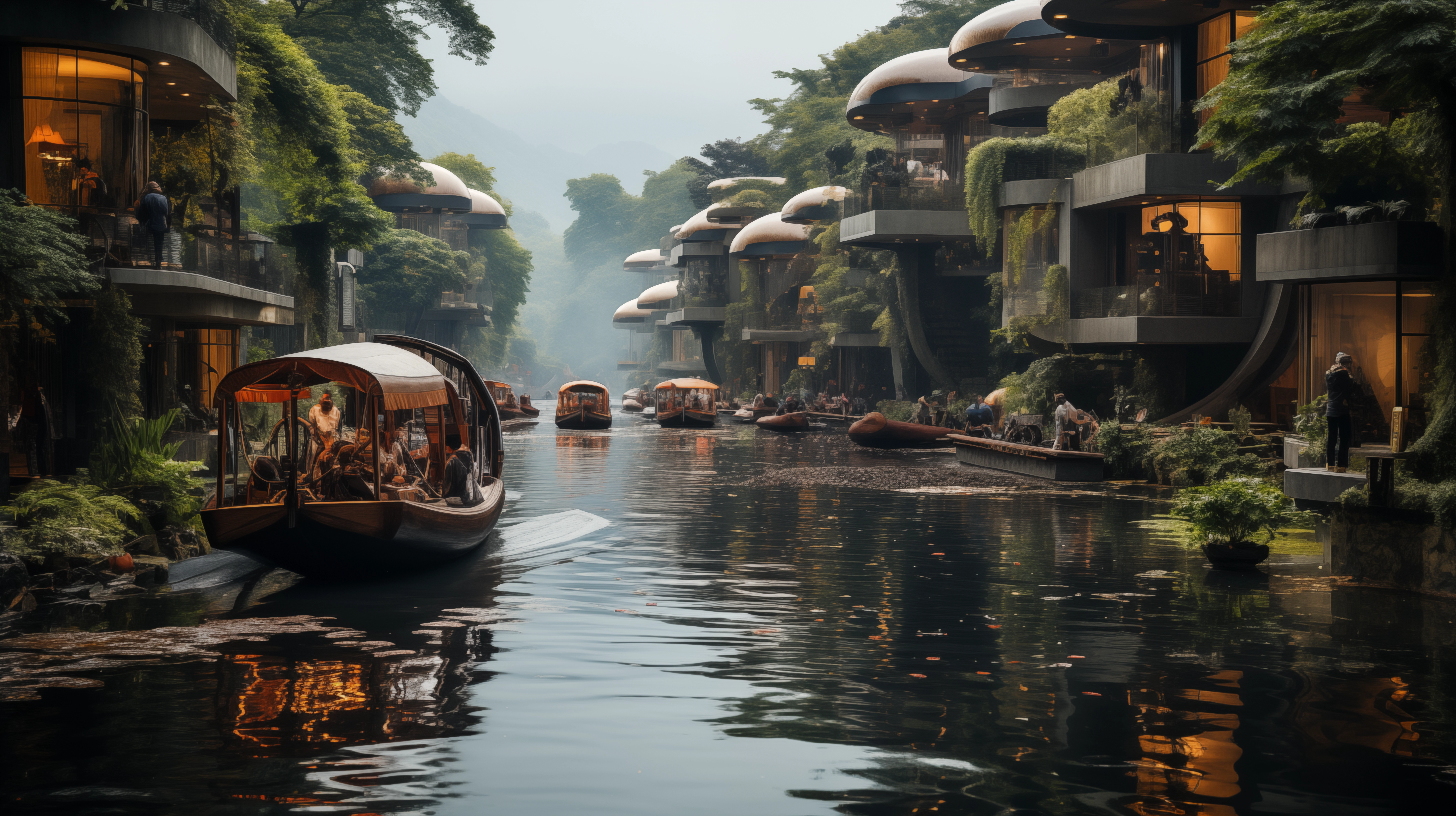 A picturesque urban canal with traditional boats navigating the water, surrounded by modern, futuristic floating homes that feature sustainable architecture, including green rooftops and large glass windows, set against a lush, green backdrop.