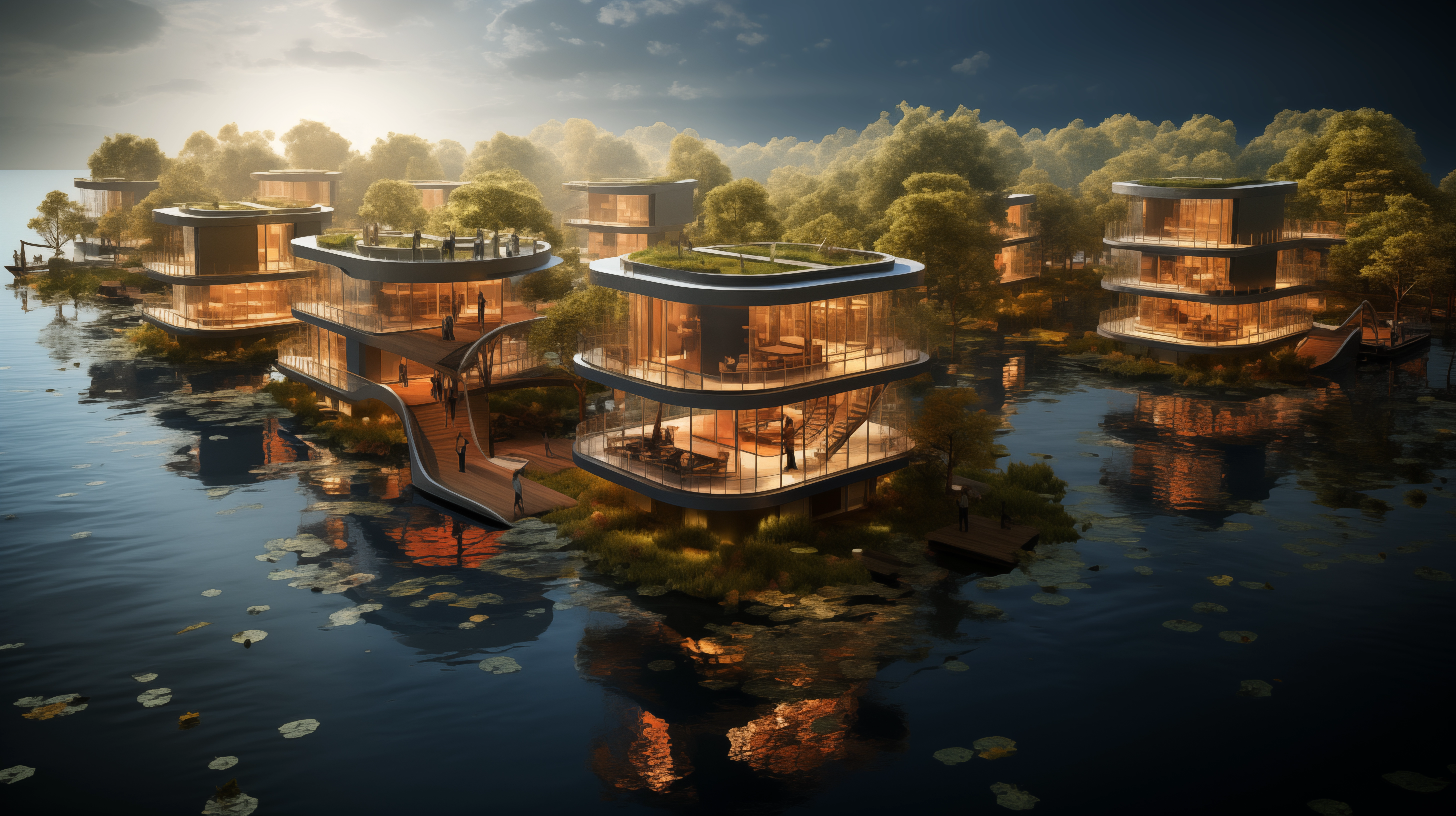 An illustration of a peaceful floating community with modern, eco-friendly homes equipped with solar panels and green rooftops, set on a calm body of water surrounded by lush greenery. The scene highlights the harmony between advanced sustainable technology and the natural environment.