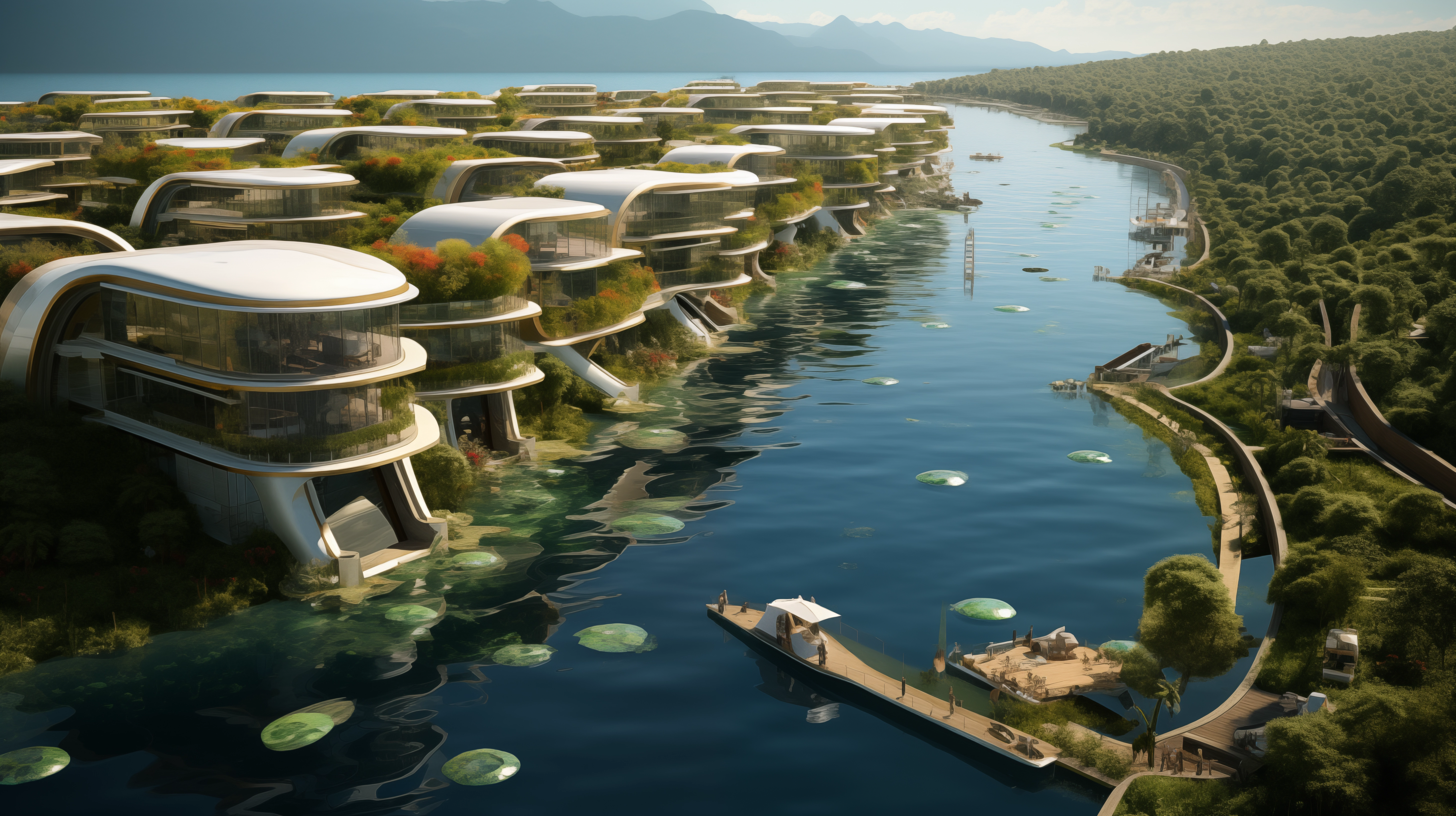 An illustration of a futuristic floating community with sleek, modern homes equipped with large glass windows and green rooftops, lined along a calm waterway surrounded by lush greenery. The scene highlights the innovative and sustainable design of water-based urban living.