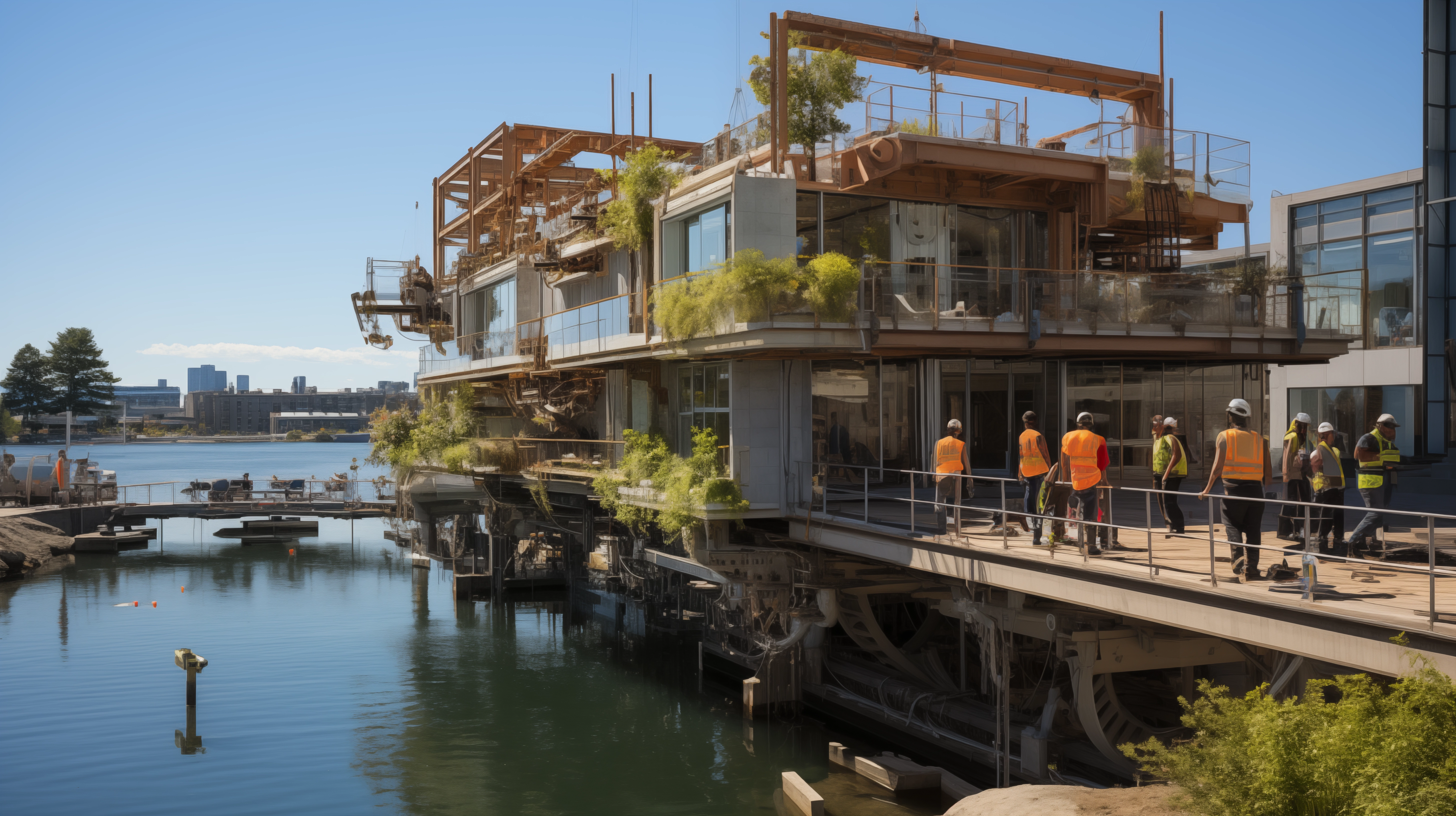 A scene of engineers and construction workers building a modern floating structure, utilizing advanced materials and innovative construction techniques. The structure is situated on a calm body of water, with other buildings and greenery visible in the background, highlighting the technical and engineering challenges of water-based architecture.