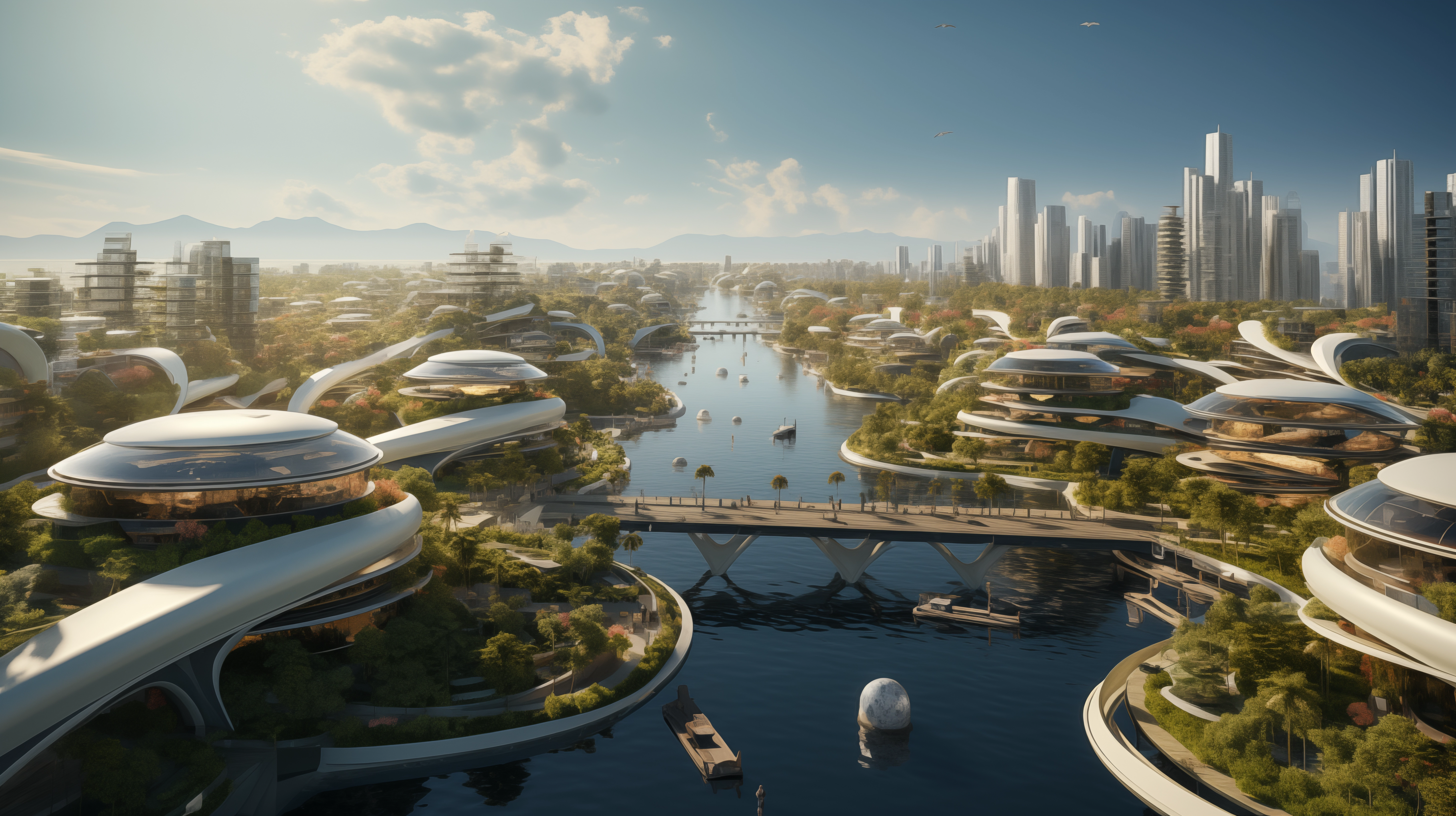 An illustration of a futuristic floating city with modern, sleek buildings made from advanced materials, integrated green spaces, parks, and rooftop gardens. The city is interconnected by walkways and surrounded by a calm body of water, reflecting the harmony between innovative urban design and sustainable living.