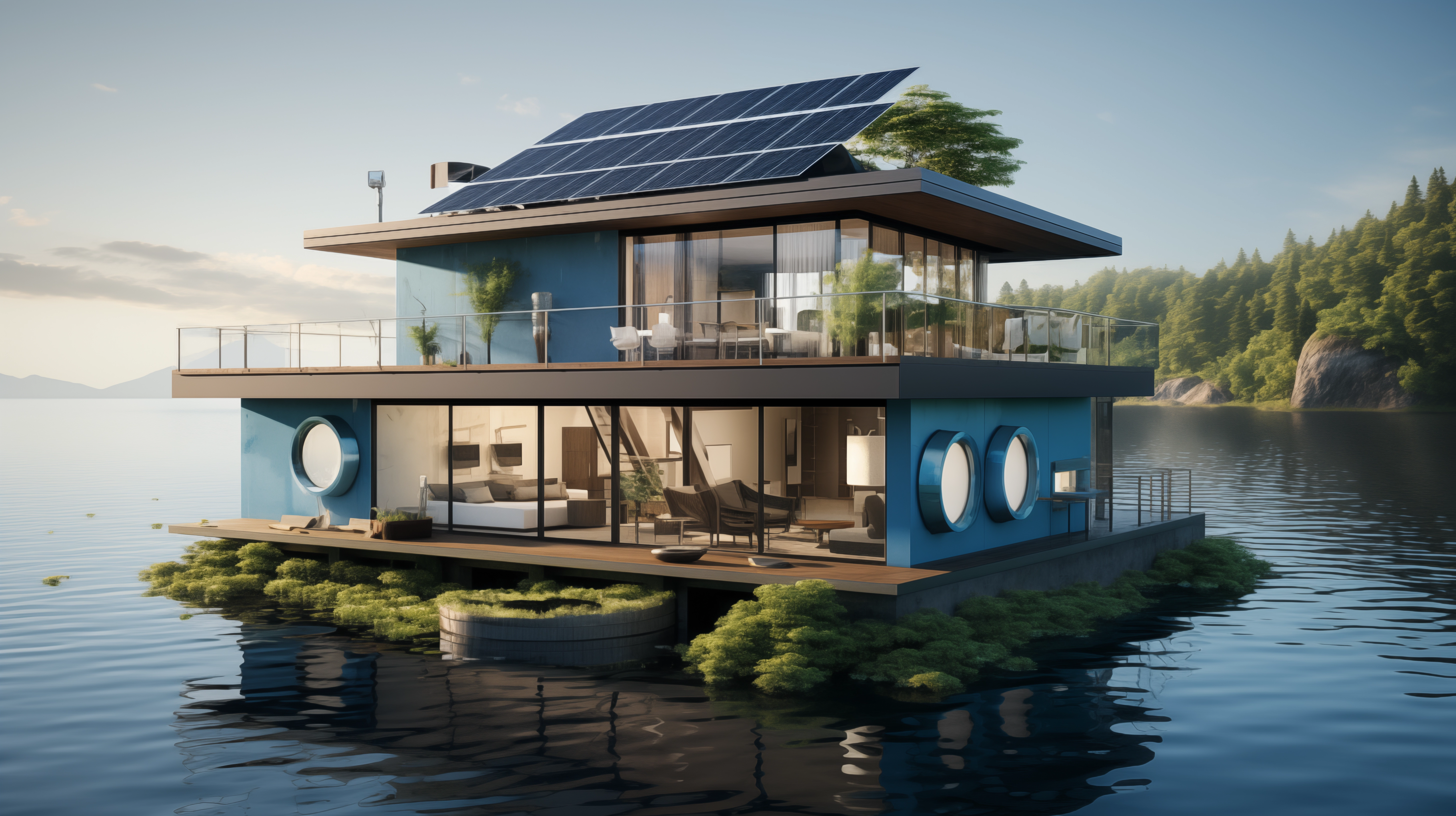 08_FloatingFutureAn illustration of a modern smart floating home featuring solar panels on the roof, large glass windows, and advanced water recycling systems. The home is situated on a calm body of water, surrounded by natural greenery, highlighting the integration of sustainable living and advanced technology