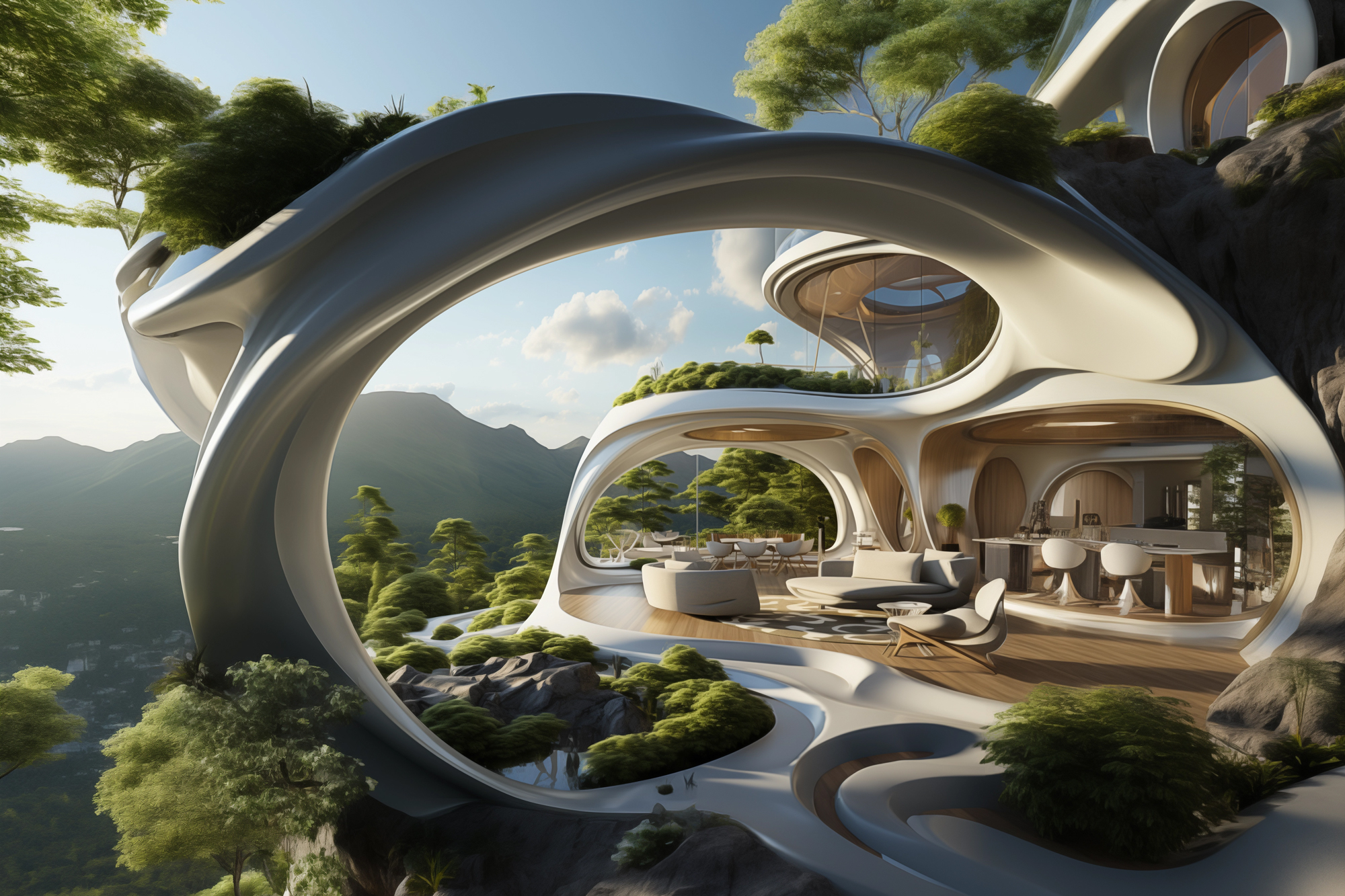A futuristic 3D-printed home nestled among lush greenery, showcasing the harmony between architecture and nature.