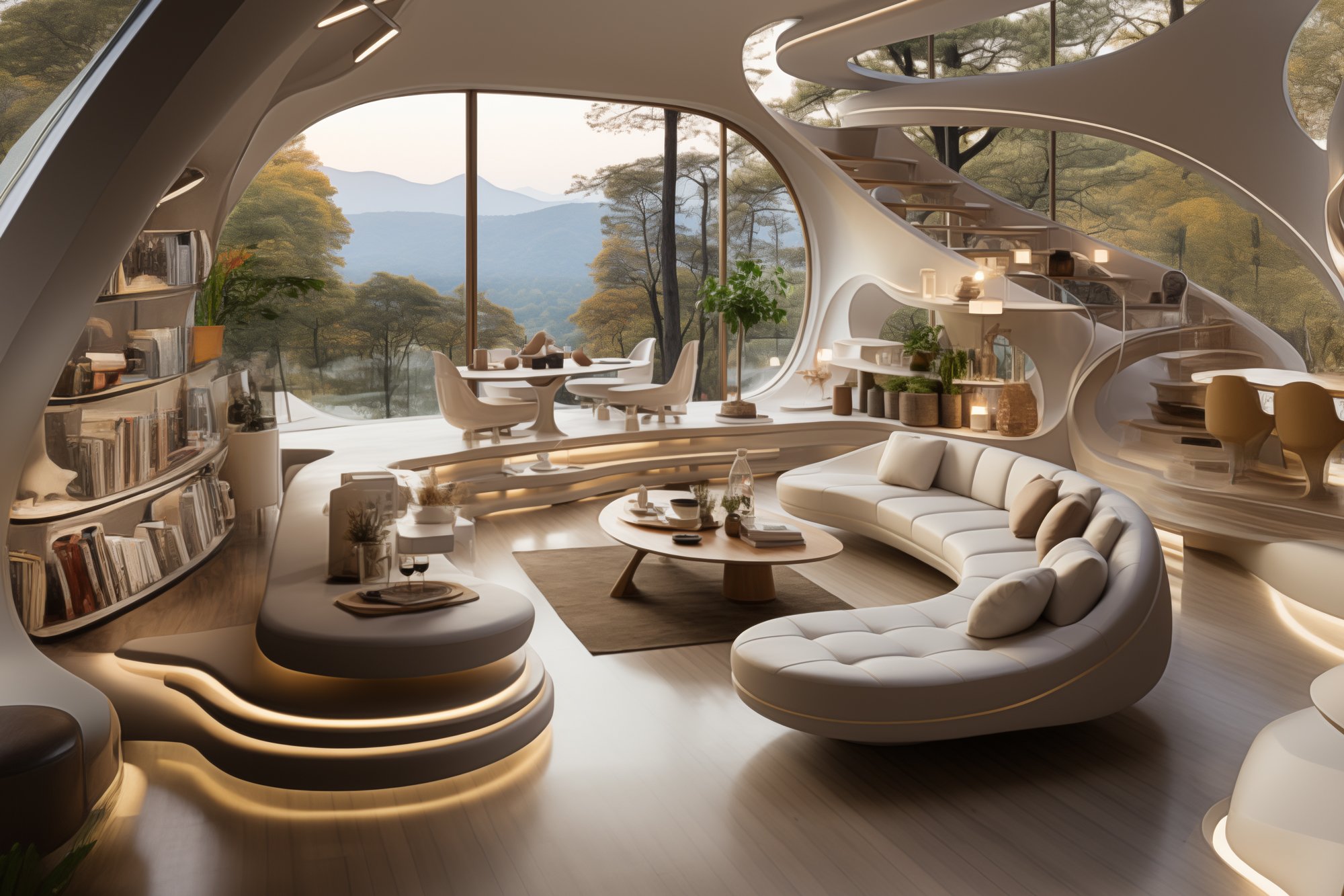 A futuristic interior of a 3D-printed home, showcasing customizable features and bespoke furnishings, surrounded by a scenic natural landscape.