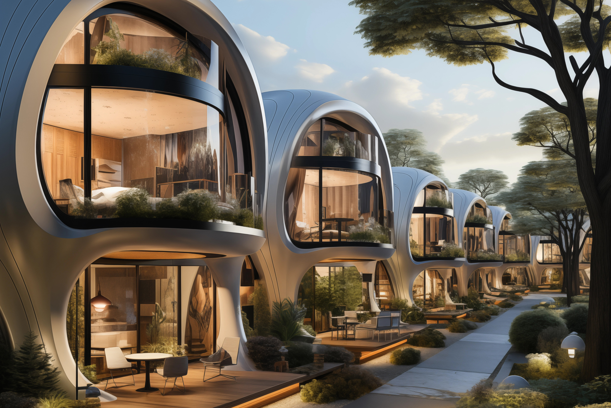 A row of futuristic 3D-printed homes nestled beneath lush trees, showcasing innovative housing solutions for affordable and inclusive communities.