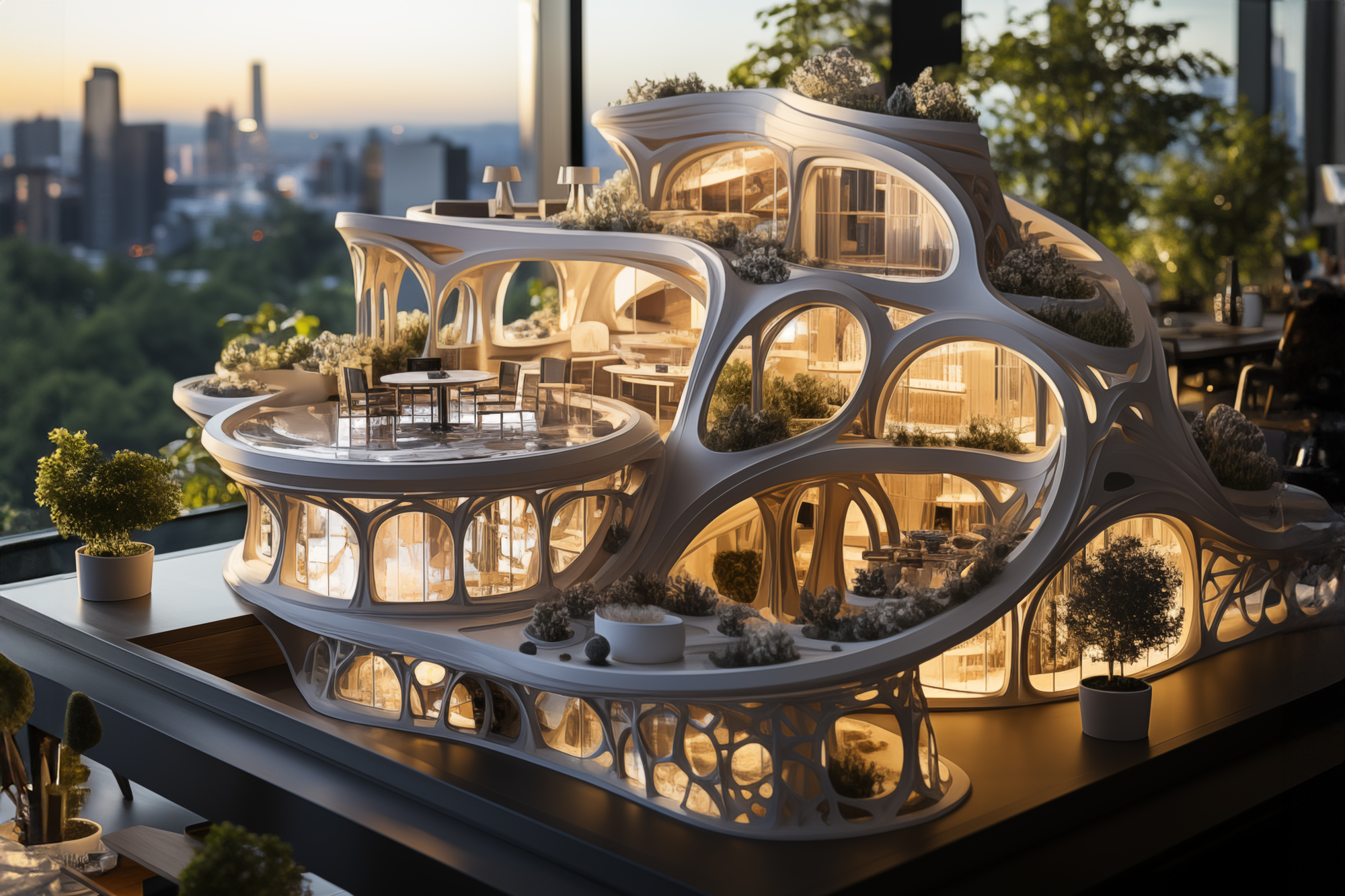 A futuristic cityscape featuring innovative 3D-printed buildings and skyscrapers, illuminated by dynamic lighting, showcasing the transformative impact of technology on architecture.