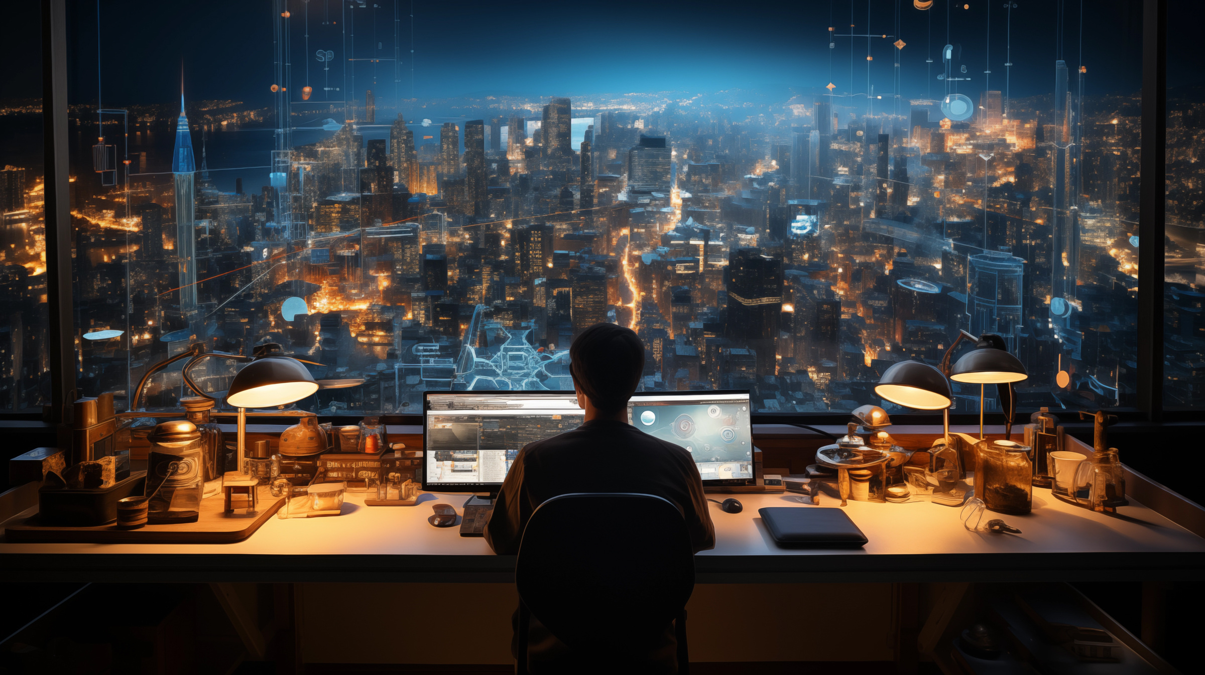 An architect sits at a desk in an office overlooking a futuristic cityscape at night, with a computer screen displaying complex AI algorithms analyzing urban data sets.