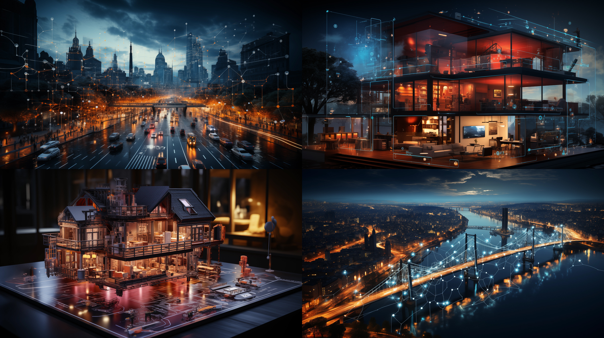 A collage of four images depicting the powerful features of AI in architecture and urban planning. The images illustrate traffic flow optimization, sustainable building design, predictive maintenance analysis, and hyper-personalized public space design.