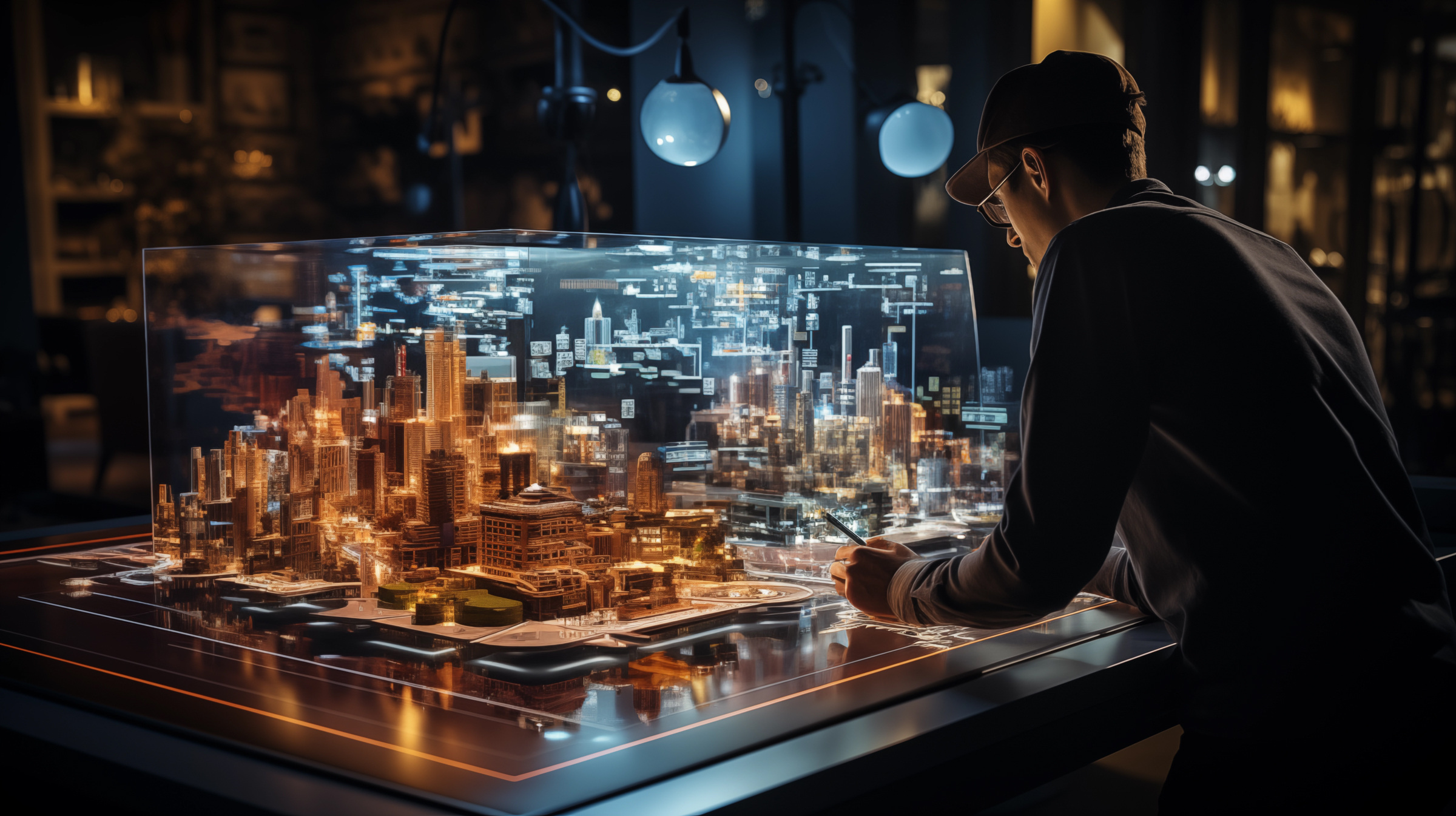 An architect interacts with a holographic AI interface displaying a futuristic city model on a digital table.