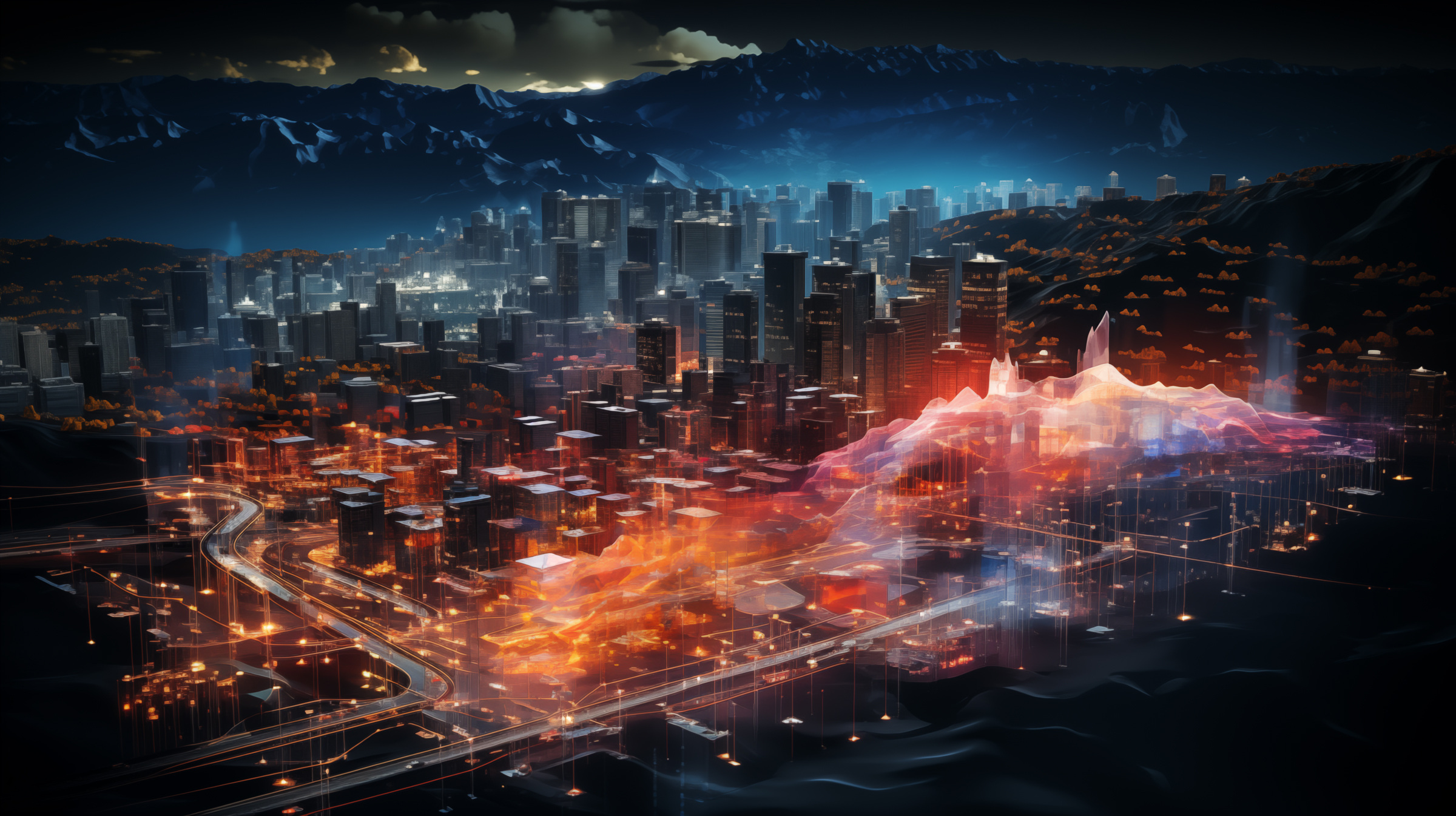 A holographic simulation of a city with data visualizations representing wind patterns, solar radiation exposure, energy consumption, and noise pollution, generated with the assistance of AI.