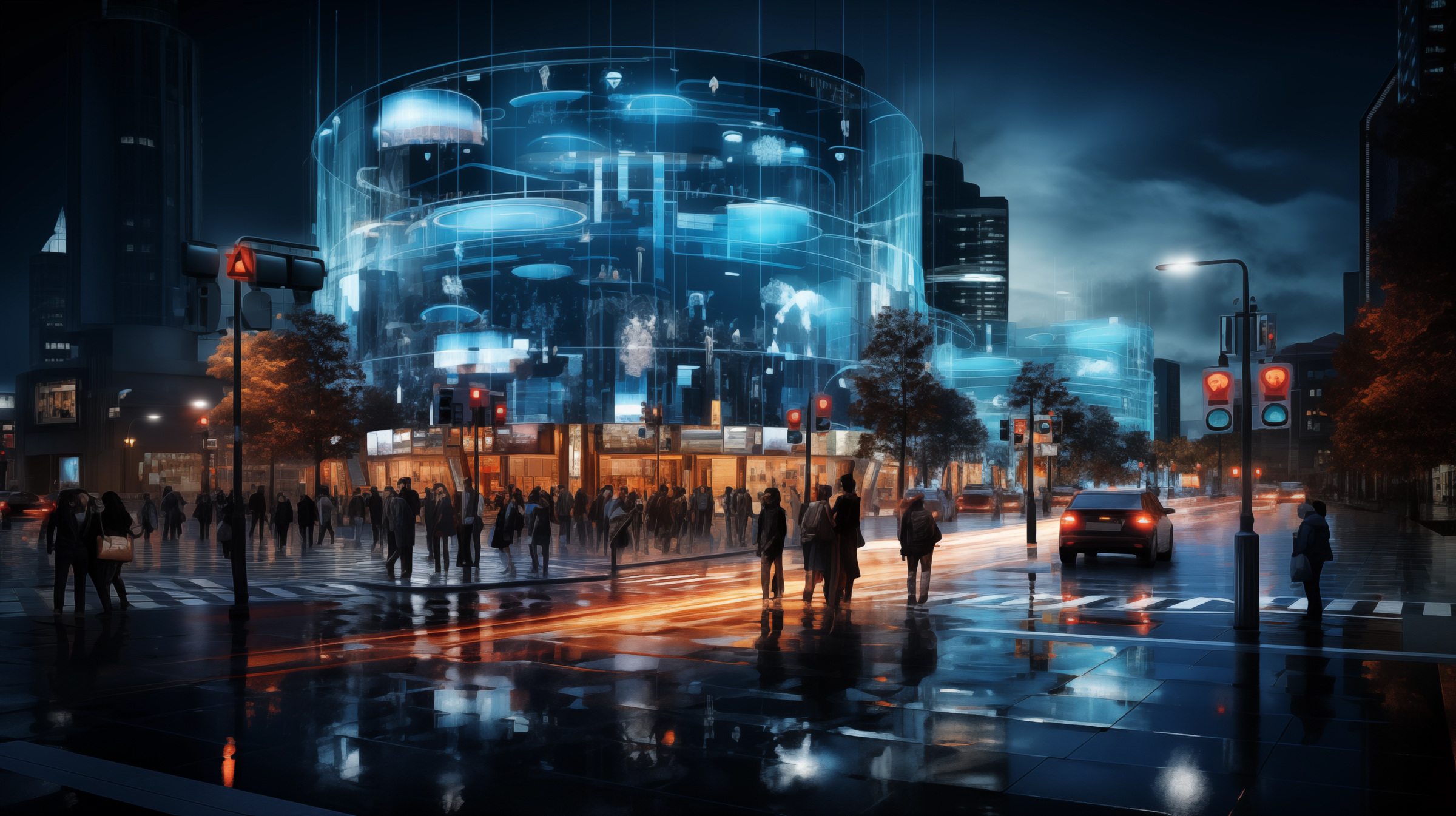 A futuristic cityscape at night with illuminated holographic displays showing traffic flow patterns and data processing, indicating AI-enabled real-time responses to urban needs.