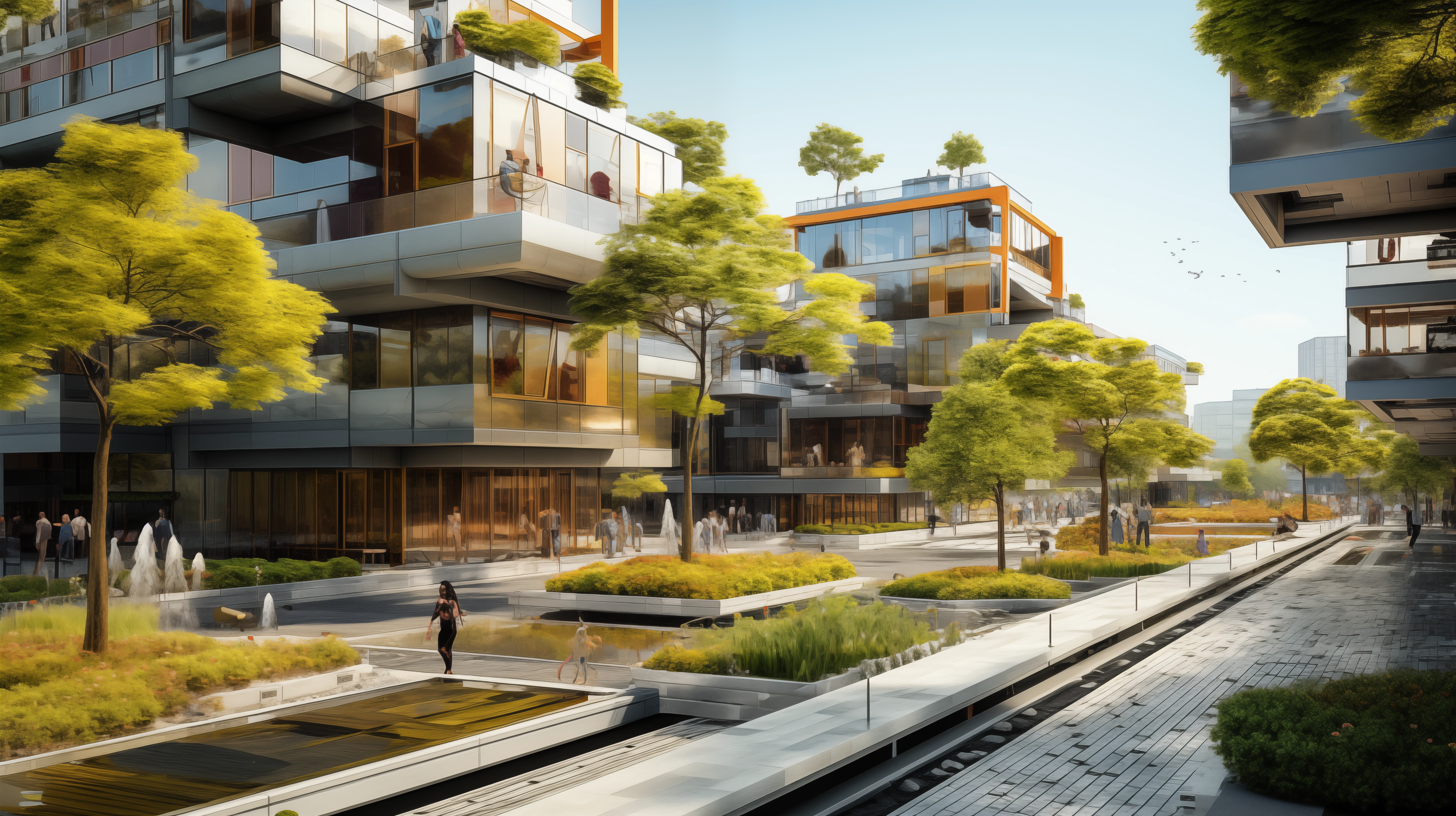 Urban cityscape with modern buildings and green spaces, featuring stormwater grates integrated into sidewalks and streets. The scene is dry, showcasing the effectiveness of the drainage system in maintaining a clean and organized environment.