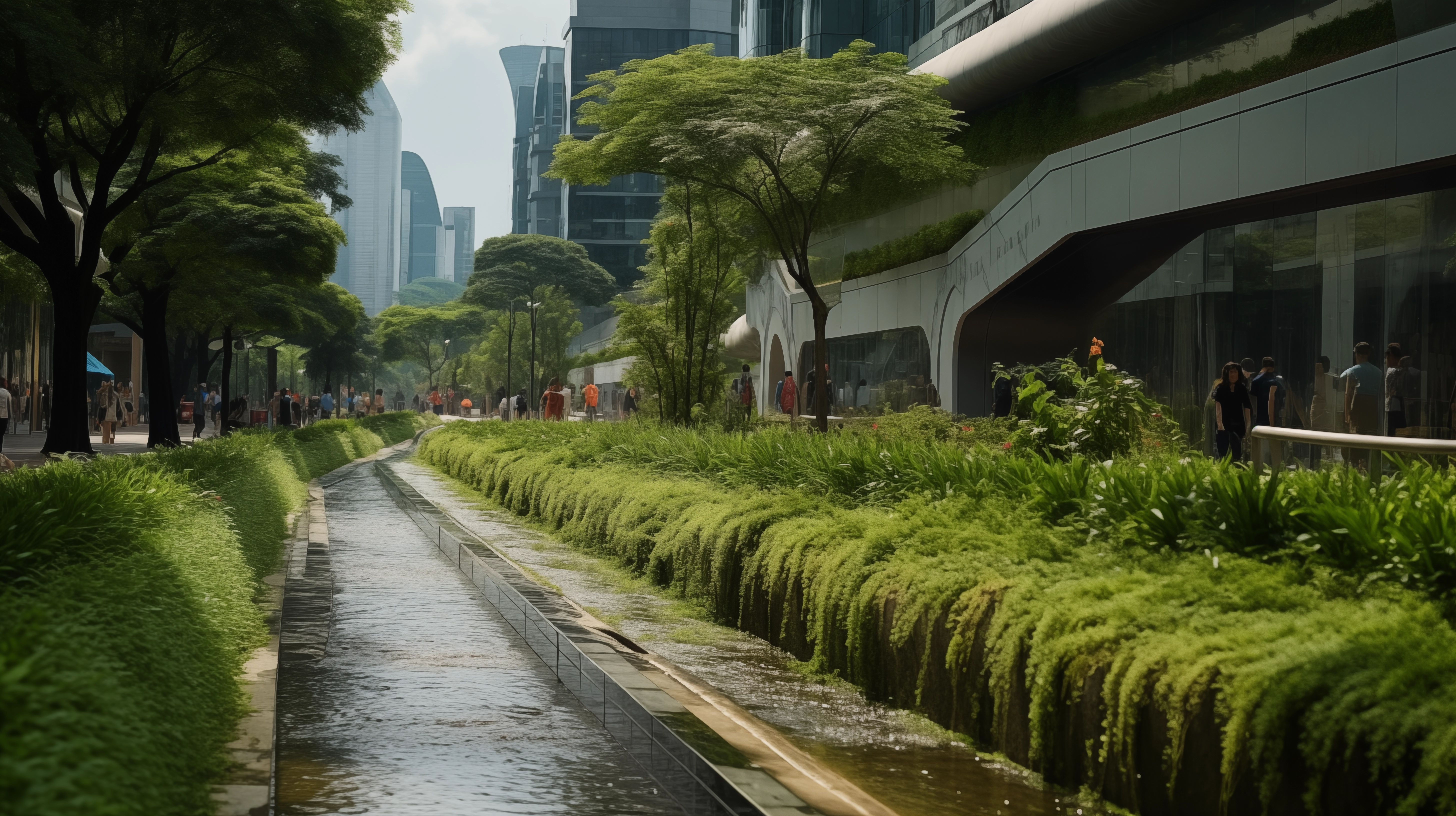 Urban scene with stormwater drainage into a canal after rainfall, featuring modern buildings, green spaces, and visible grates.