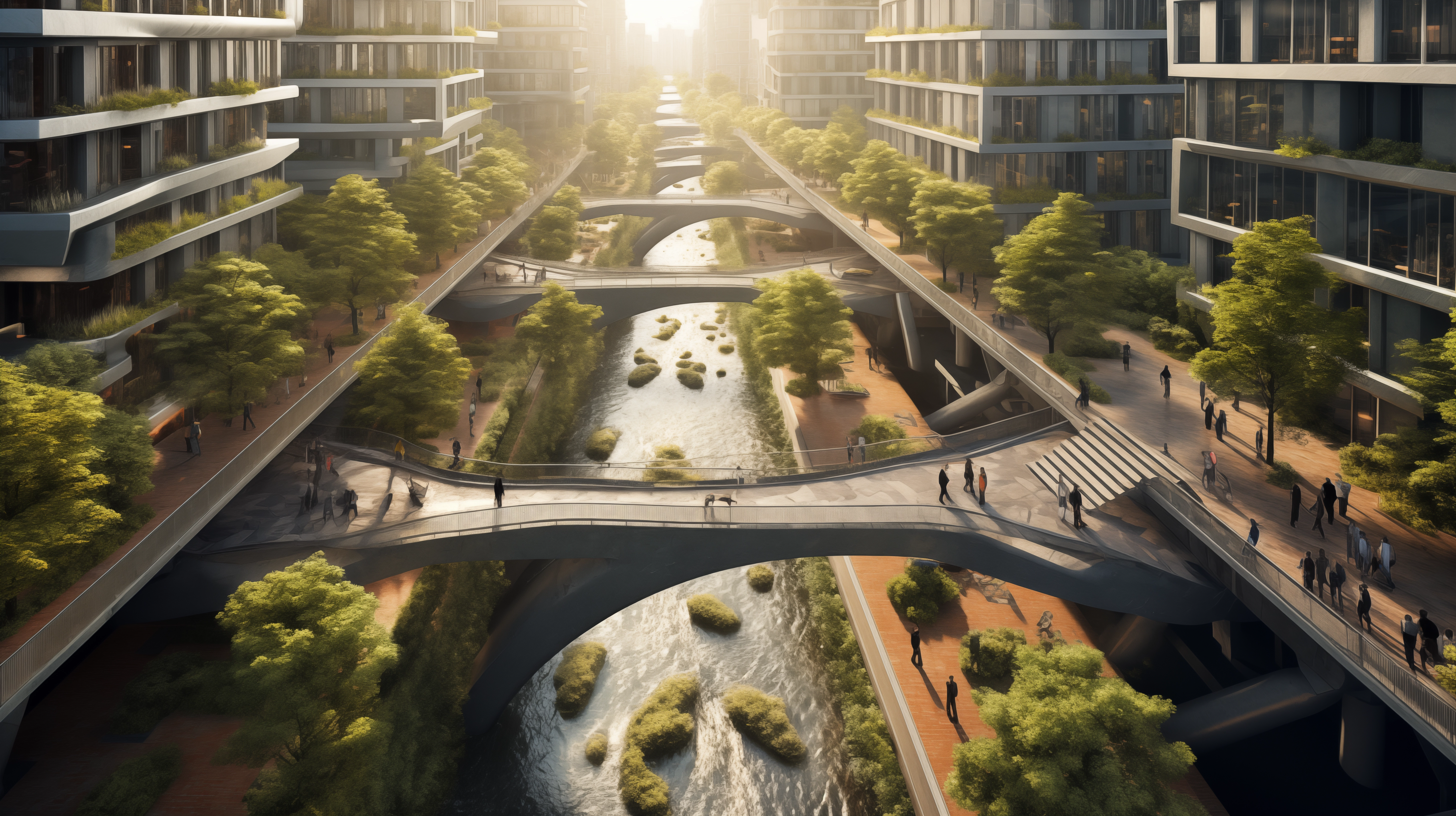 Cityscape with heavy rainfall managed by stormwater drainage infrastructure, featuring modern buildings, reinforced stone grates, and organized streets. The scene demonstrates the importance of resilient infrastructure for climate change adaptation.