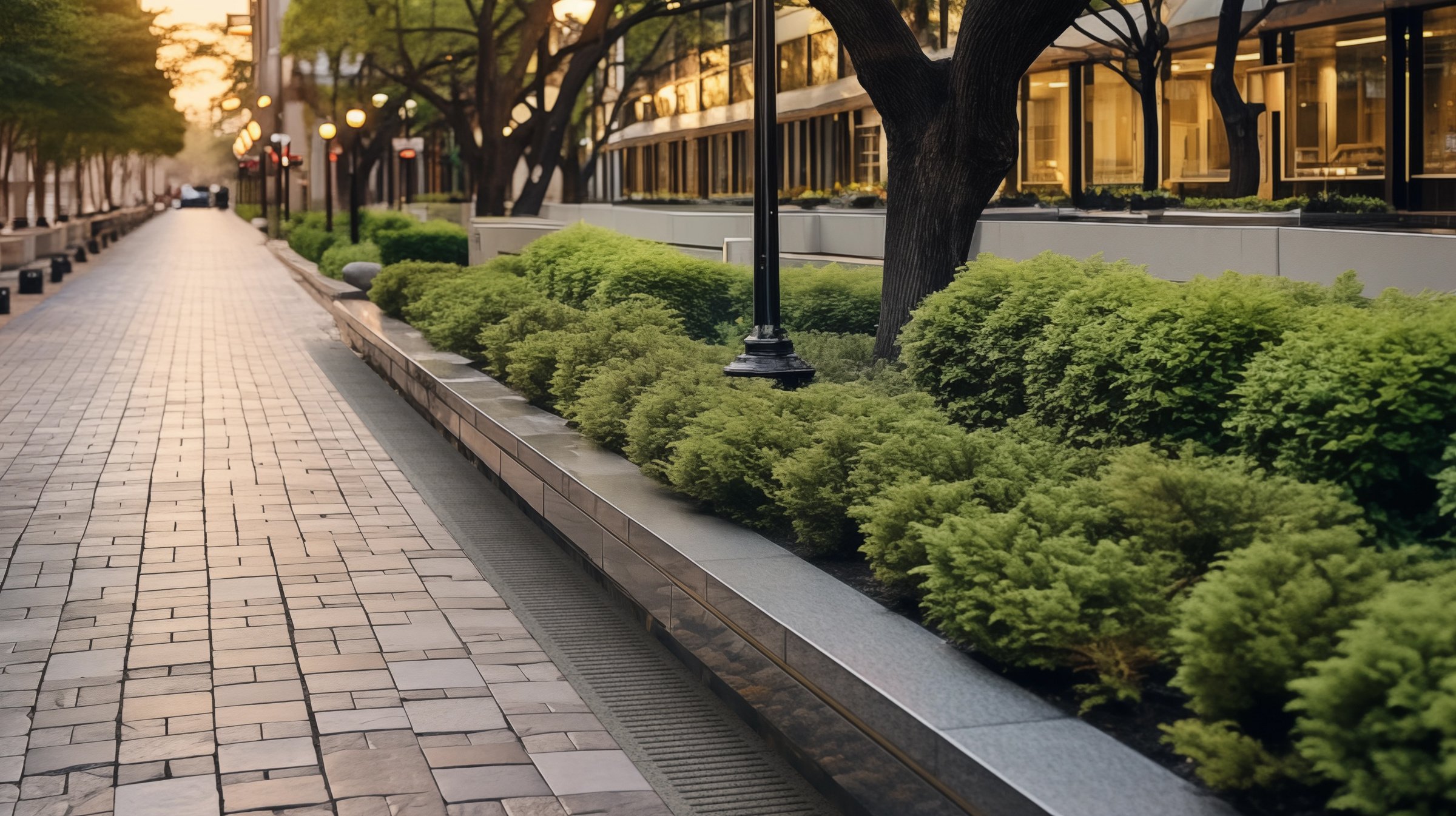 An urban sidewalk featuring a Jonite trench grate, integrated seamlessly into the landscape with green bushes and modern buildings in the background. This image serves as the header for a blog post on stormwater management and sustainable infrastructure.