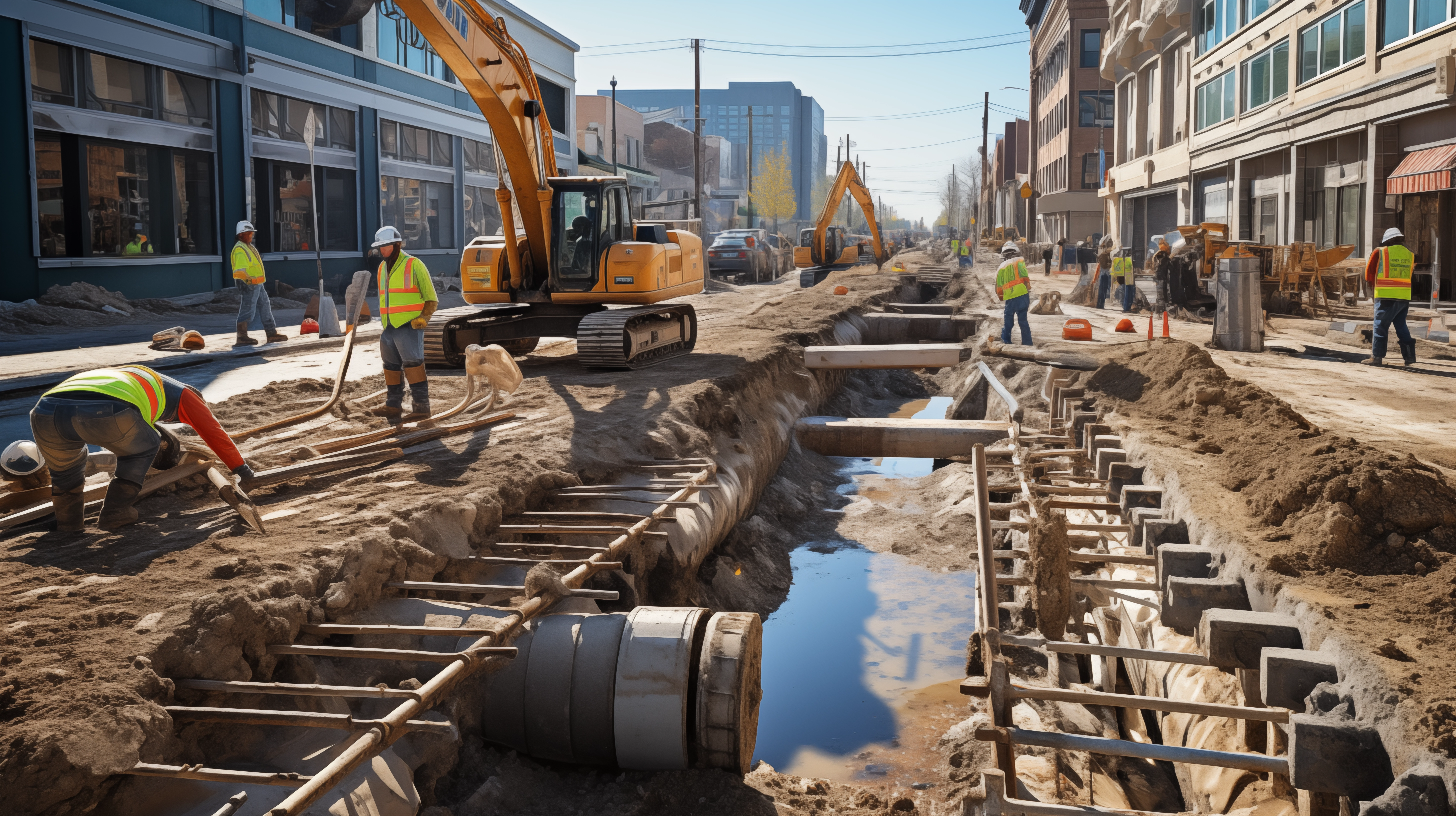 Urban construction site with workers installing stormwater drainage infrastructure, including reinforced stone grates and pipes, with construction equipment in the background.