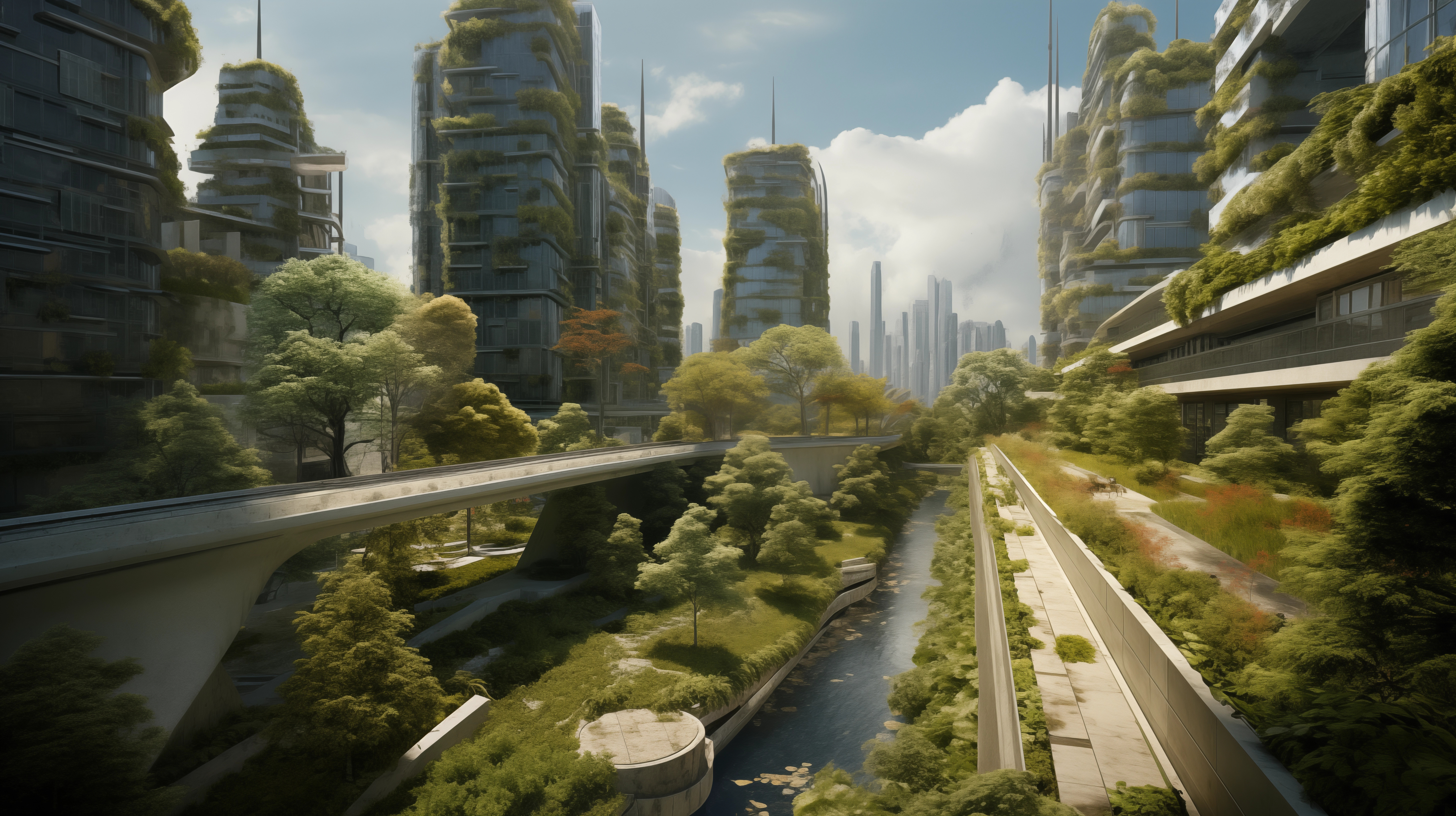 Cityscape with high-rise buildings featuring green roofs, sidewalks with permeable pavements, rain gardens with lush greenery, and bioswales for water management. The scene illustrates sustainable urban drainage solutions and modern architecture.