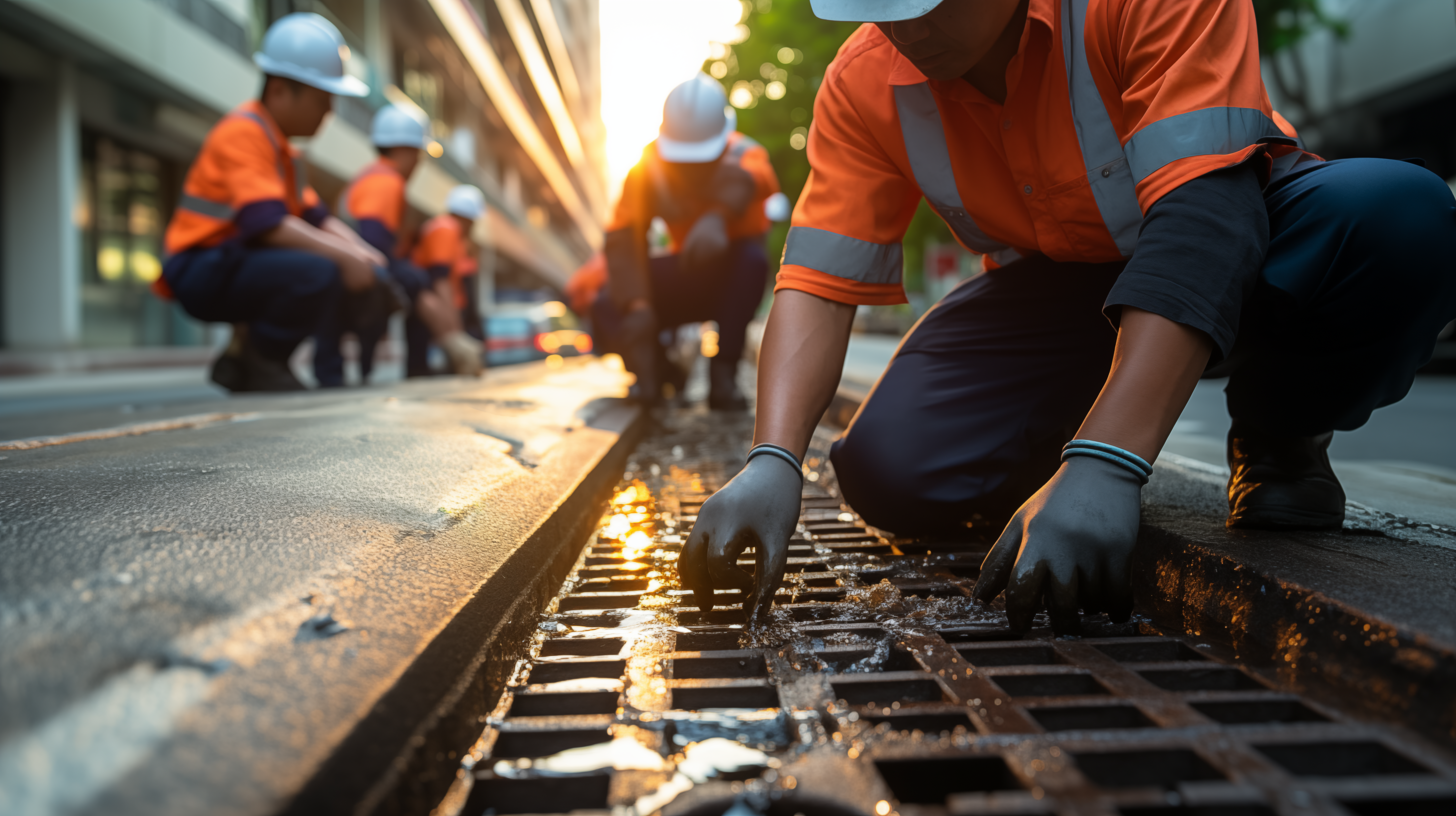 Closeup of a maintenance worker cleaning a stormwater drain grate with his team in the background. The scene features modern buildings and clean streets, highlighting the importance of regular maintenance for preventing infrastructure failures and flooding.