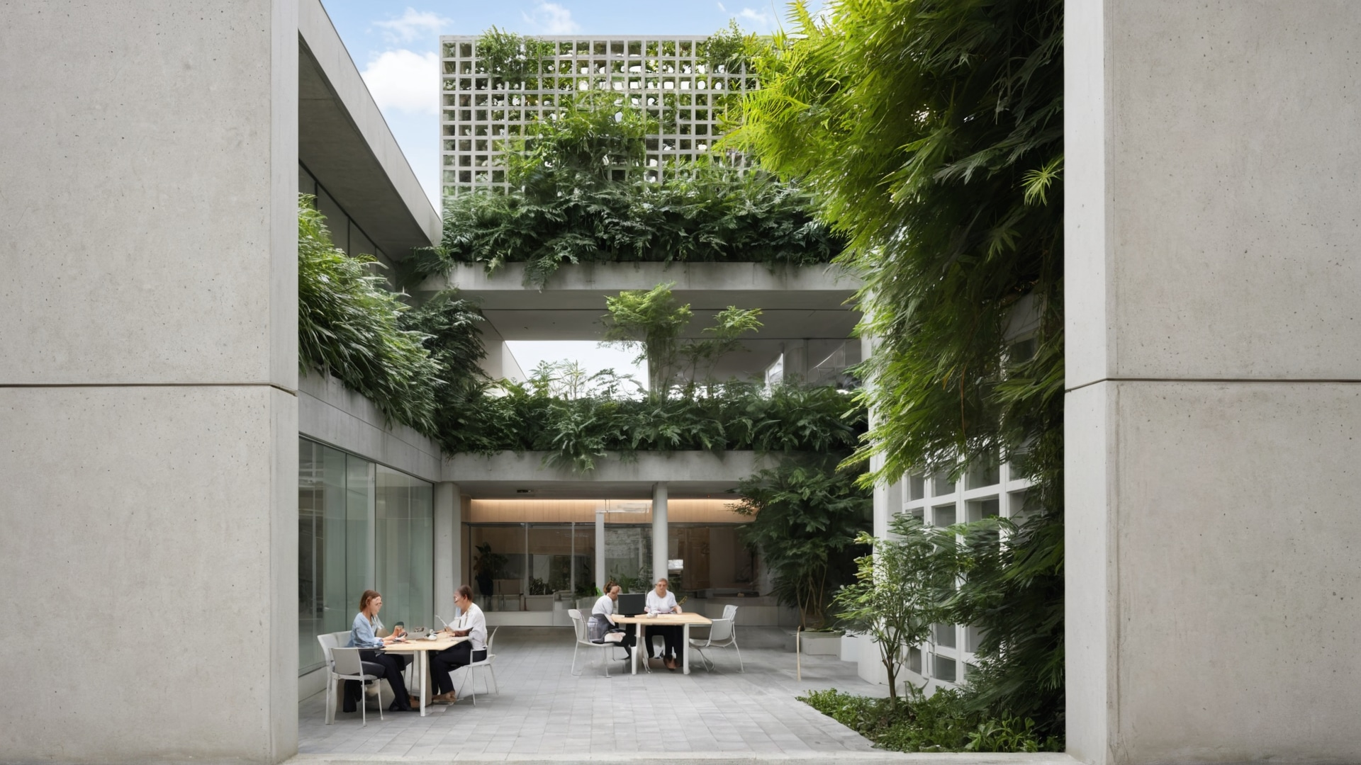 office with a breeze blocks courtyard, cooling the space