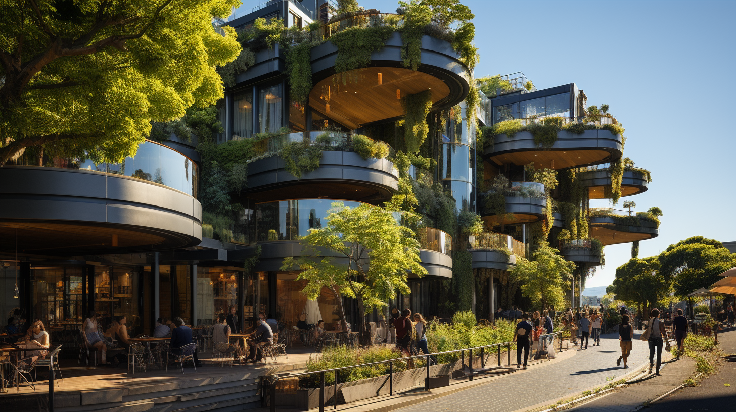Sustainable mixed-use development with green walls, rooftop gardens, solar panels, and recycled-material benches. Vibrant community enjoys green spaces.