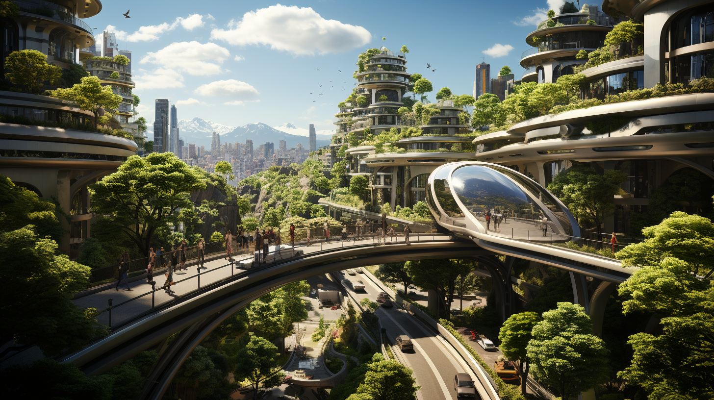 Futuristic mixed-use urban district featuring sustainable technology, vertical farms, drone ports, autonomous vehicles, and dynamic building facades.