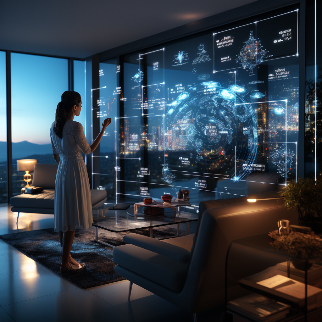 an advanced smart home interior within a mixed-use building, where the walls have integrated touch screens displaying interactive interfaces for climate control and home automation. Residents are using their smartphones to interact with their environment, adjusting lighting and window shades.