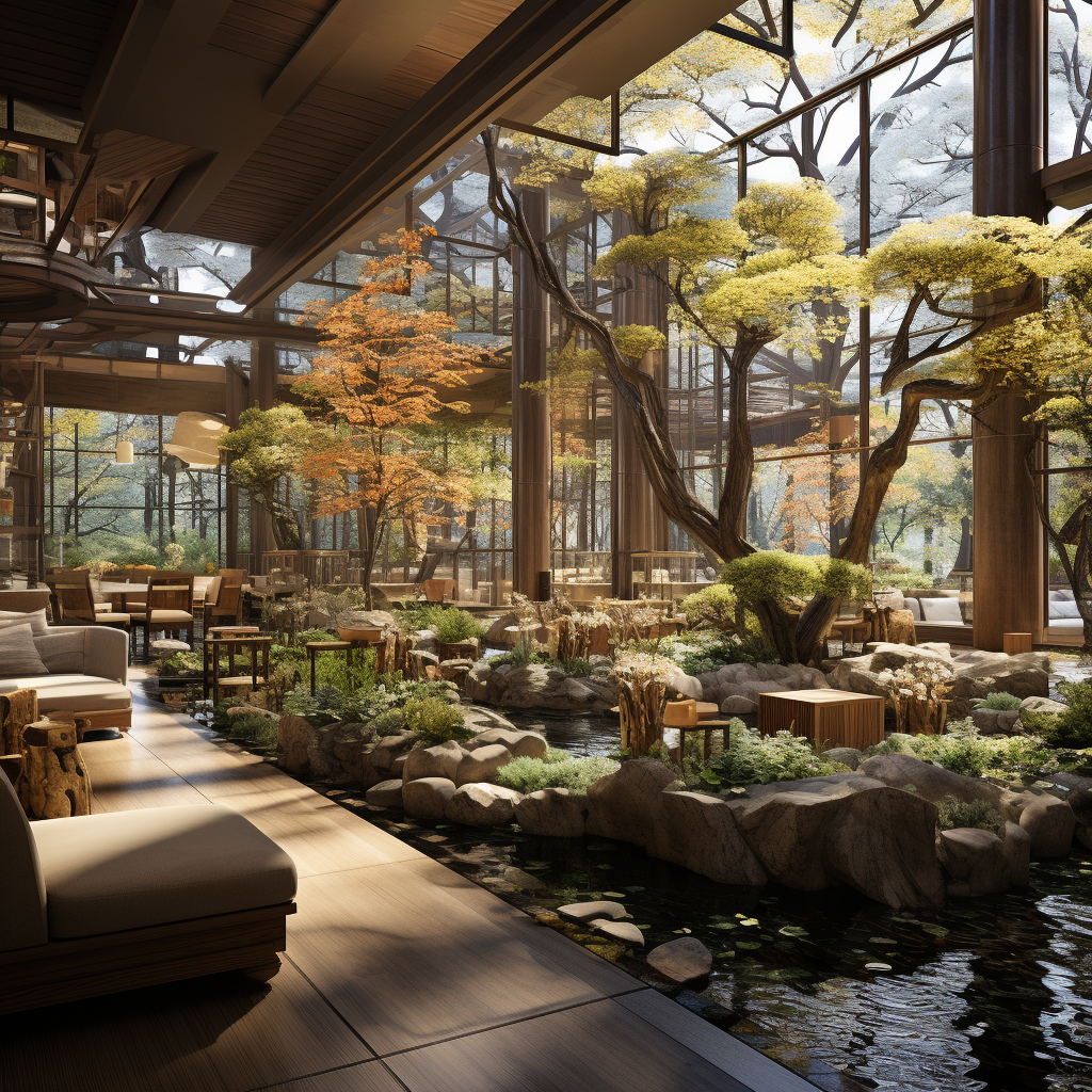 Interior garden oasis with koi pond, lush greenery, wooden walkways, and stone benches. Sunlight filters through glass ceiling, blending nature with urbanity.