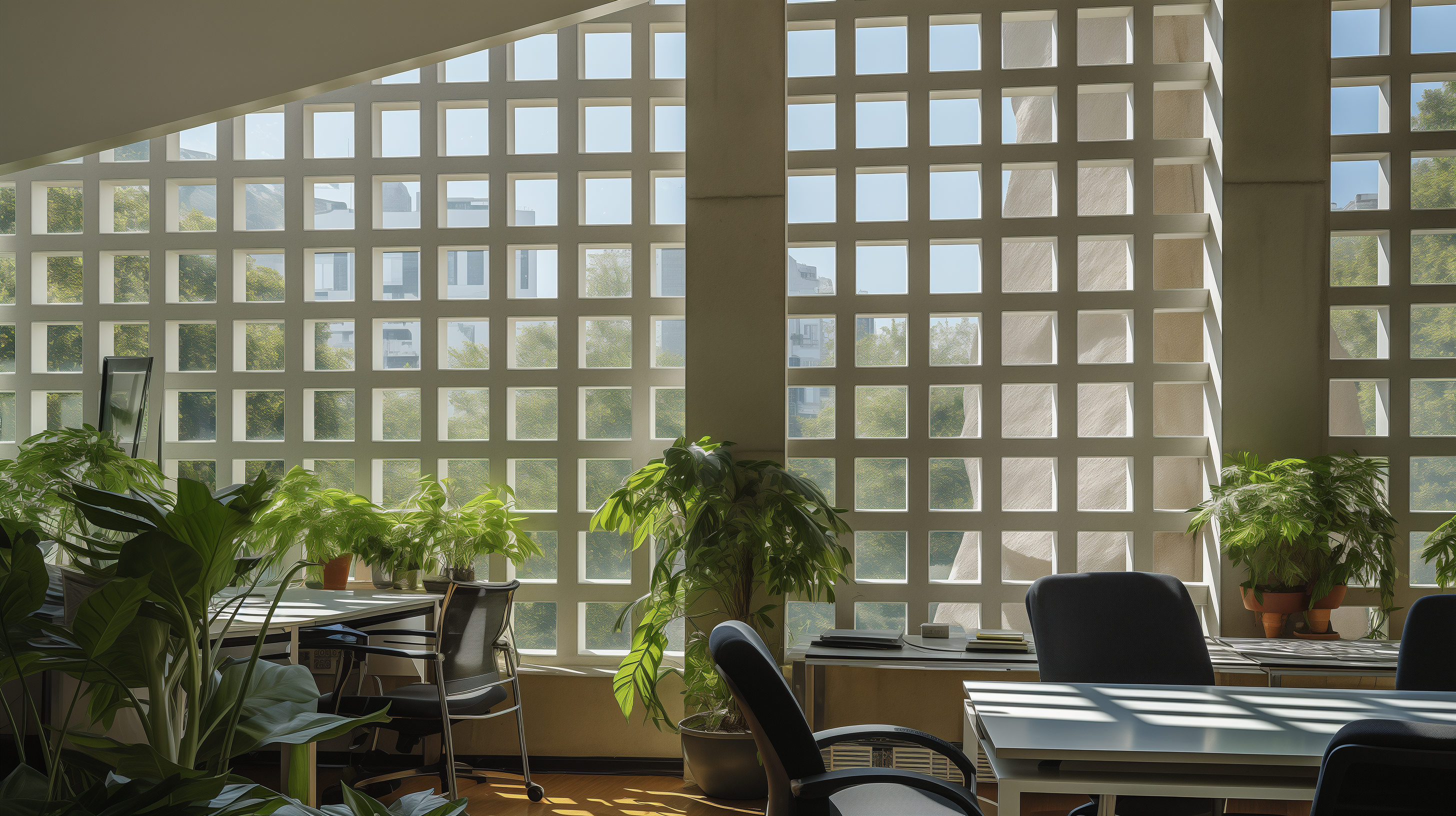 Office with breeze blocks that cool the space down, casting shadows where the light falls.