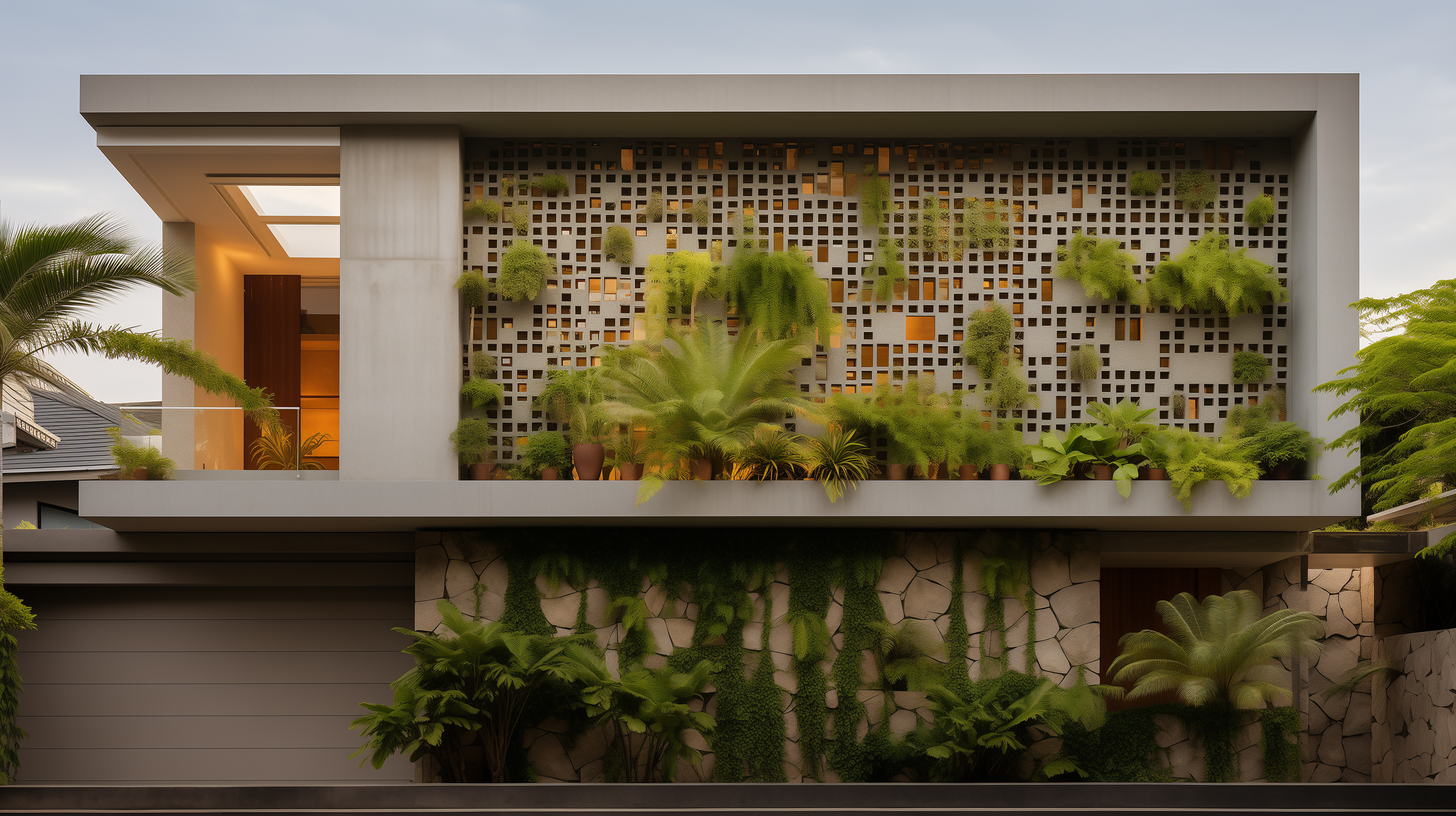 A commercial building with a breeze block facade, with plants growing with the blocks